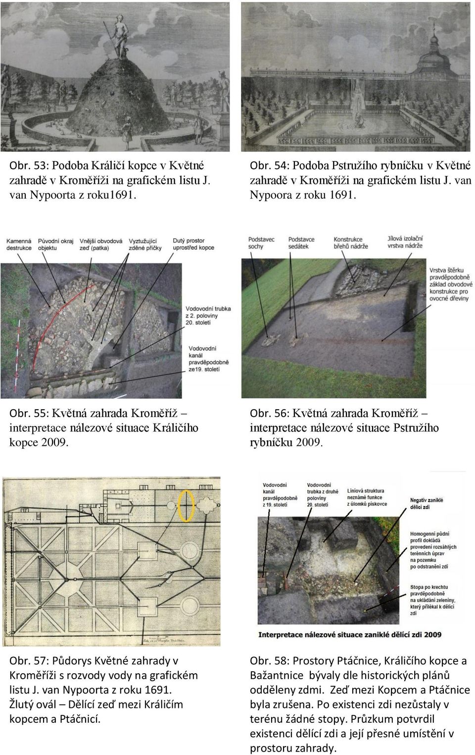 Obr. 57: Půdorys Květné zahrady v Kroměříži s rozvody vody na grafickém listu J. van Nypoorta z roku 1691. Žlutý ovál Dělící zeď mezi Králičím kopcem a Ptáčnicí. Obr.