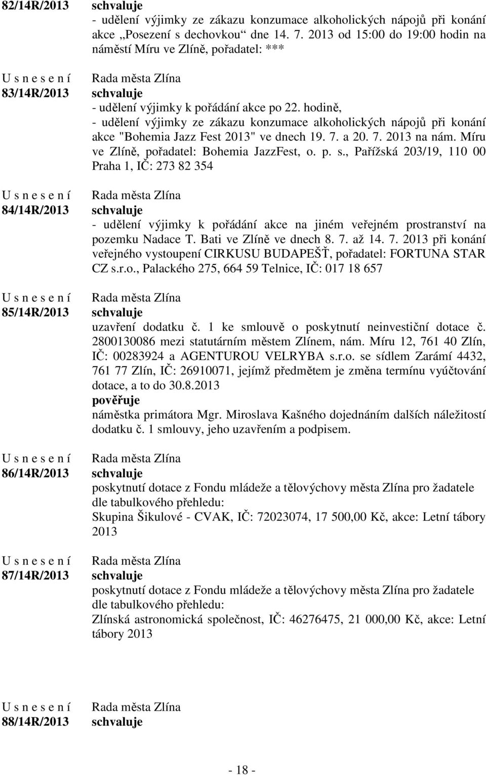 hodině, - udělení výjimky ze zákazu konzumace alkoholických nápojů při konání akce "Bohemia Jazz Fest 2013" ve dnech 19. 7. a 20. 7. 2013 na nám. Míru ve Zlíně, pořadatel: Bohemia JazzFest, o. p. s.