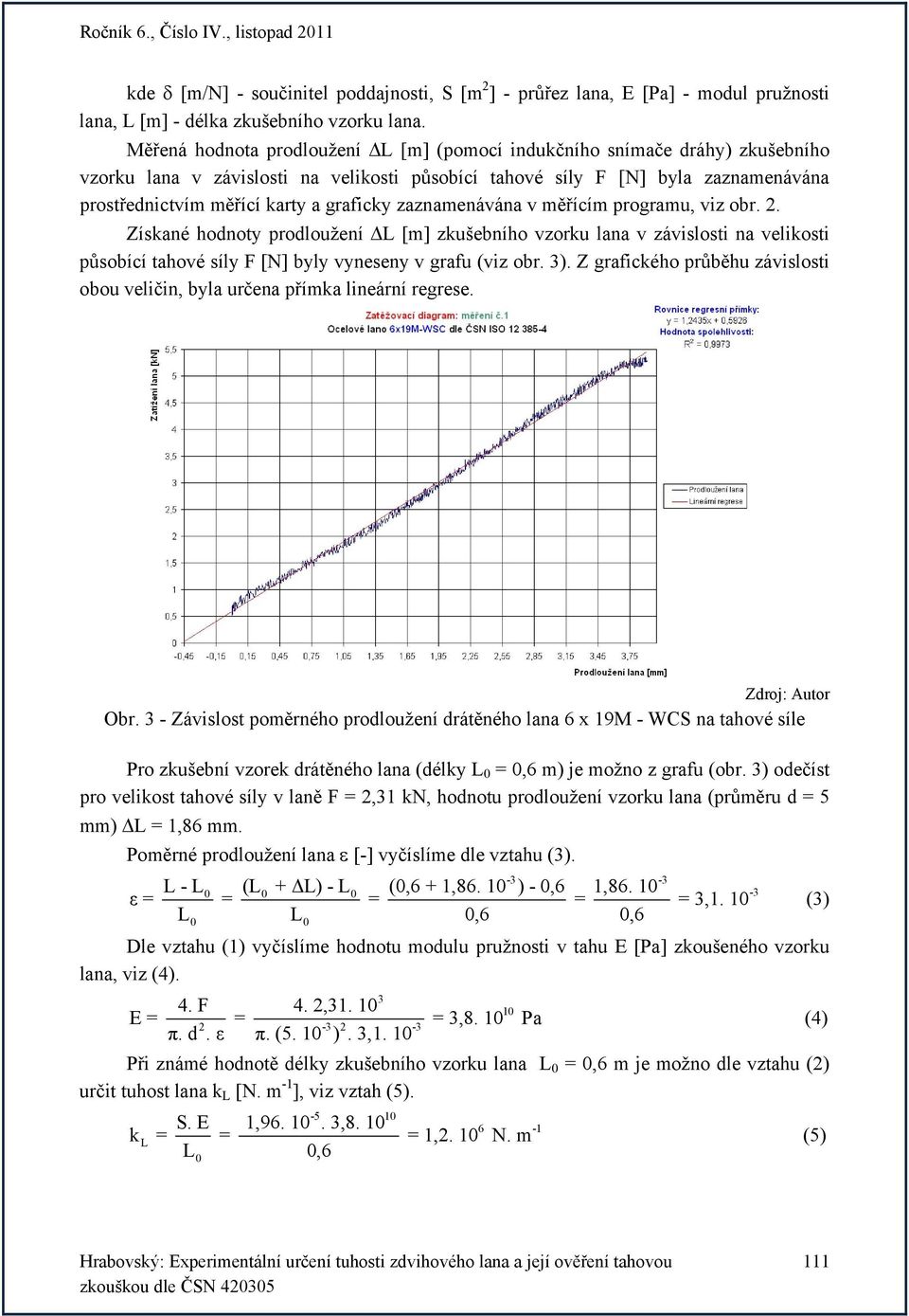 zaznamenávána v měřícím programu, viz or. 2. Získané hodnoty prodloužení ΔL [m] zkušeního vzorku lana v závislosti na velikosti půsoící tahové síly F [N] yly vyneseny v grafu (viz or. 3).