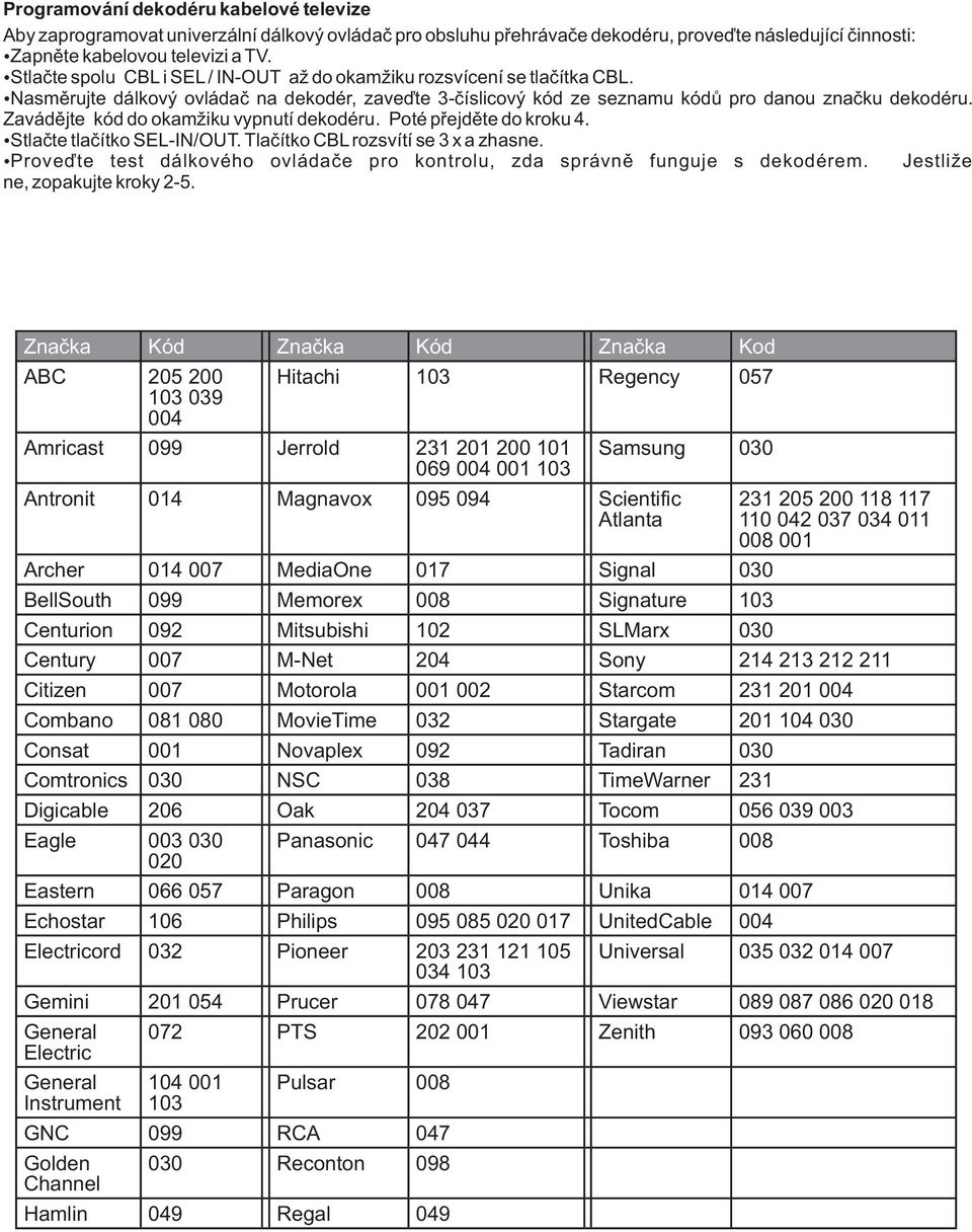 Zavádìjte kód do okamžiku vypnutí dekodéru. Poté pøejdìte do kroku 4. Stlaète tlaèítko SL-IN/OUT. Tlaèítko CBL rozsvítí se 3 x a zhasne.