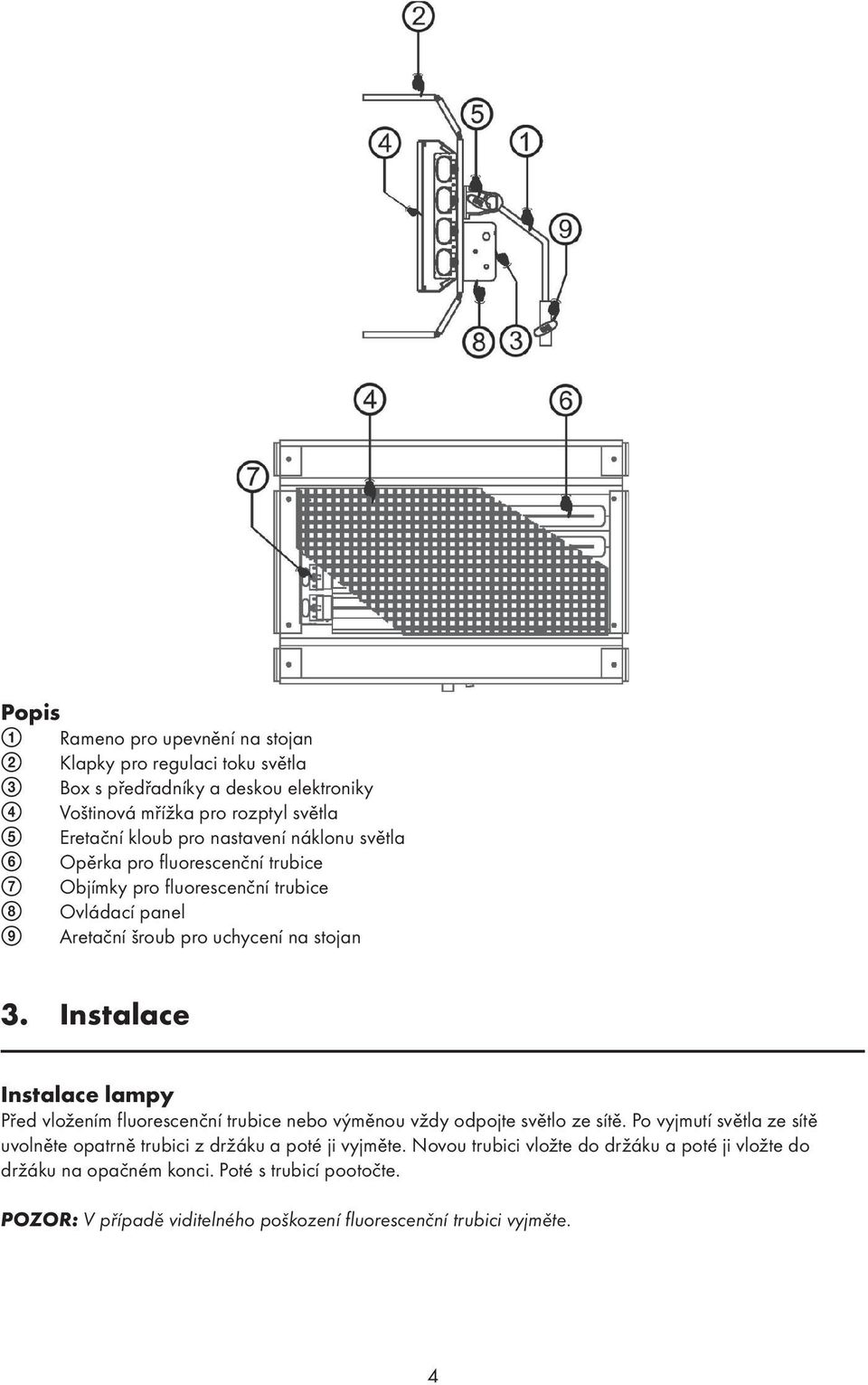 Instalace Instalace lampy Před vložením fluorescenční trubice nebo výměnou vždy odpojte světlo ze sítě.
