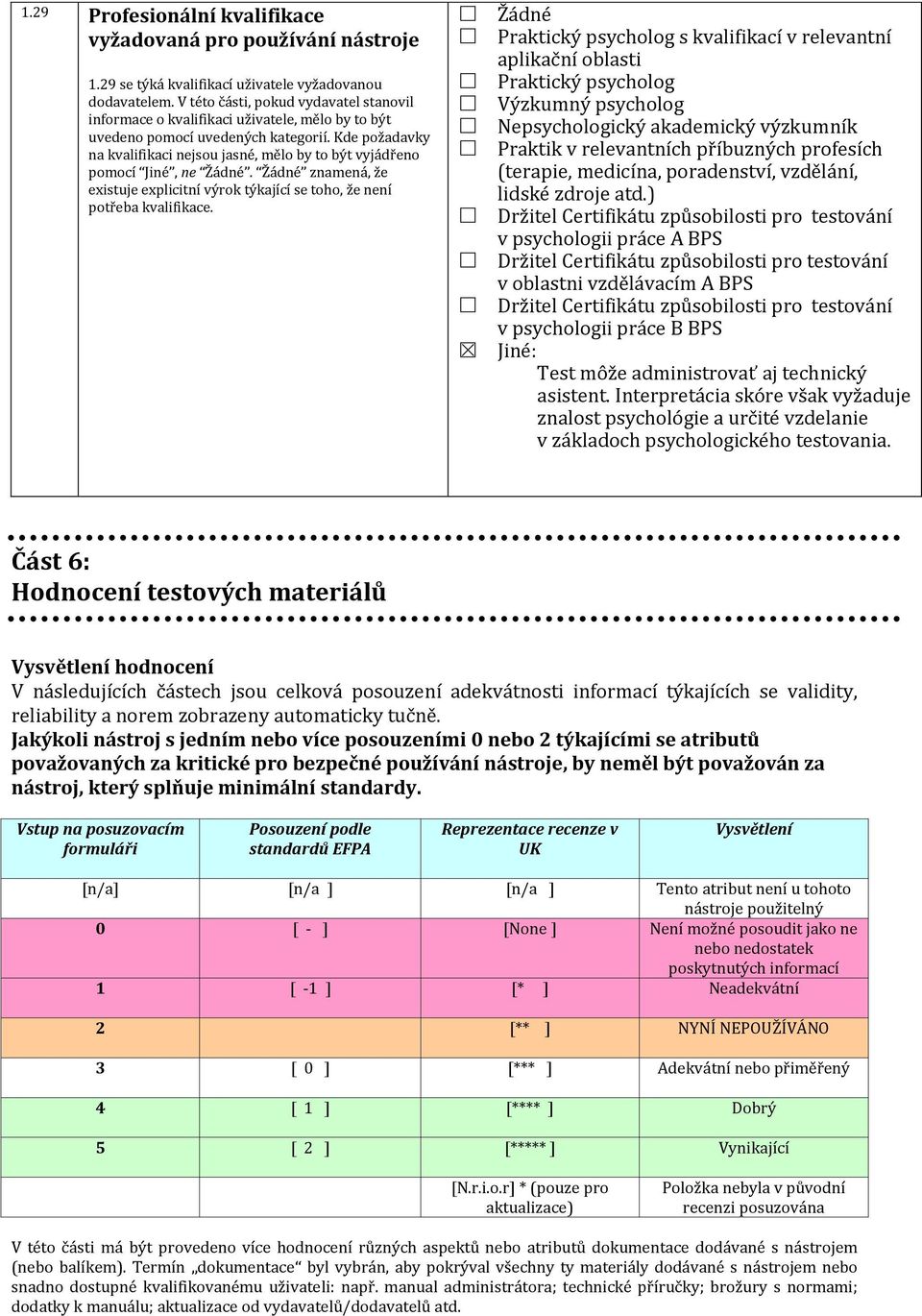 Kde požadavky na kvalifikaci nejsou jasné, mělo by to být vyjádřeno pomocí Jiné, ne Žádné. Žádné znamená, že existuje explicitní výrok týkající se toho, že není potřeba kvalifikace.