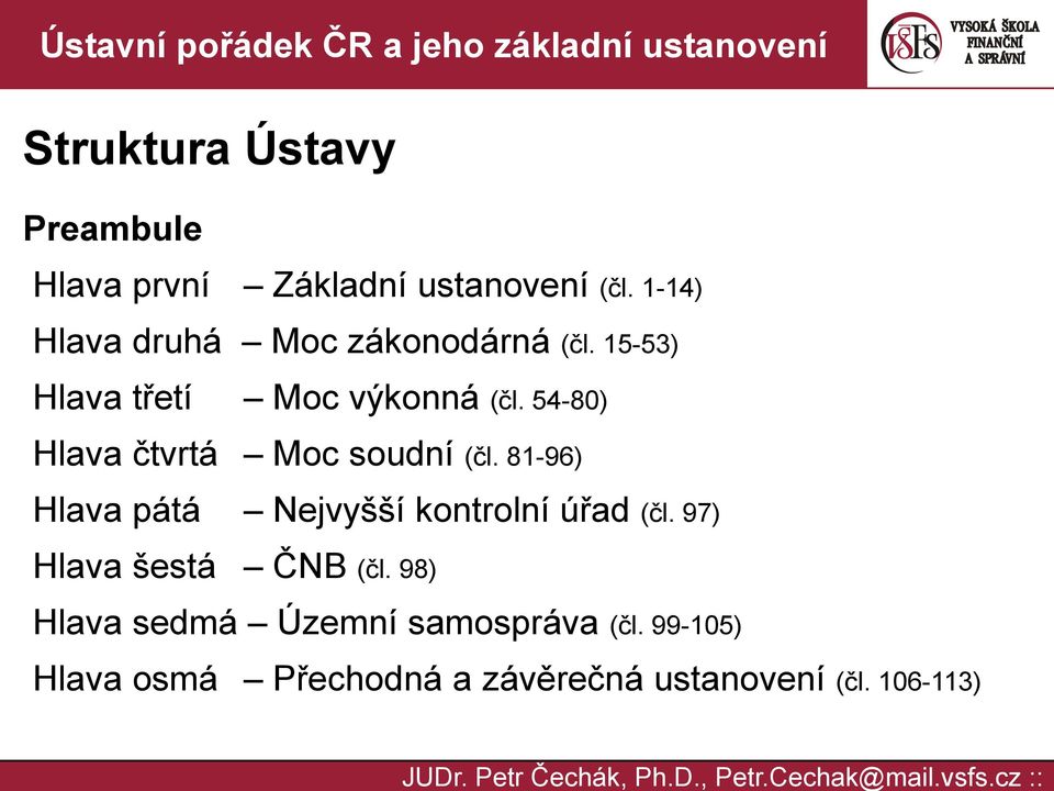 54-80) Hlava čtvrtá Moc soudní (čl. 81-96) Hlava pátá Nejvyšší kontrolní úřad (čl.