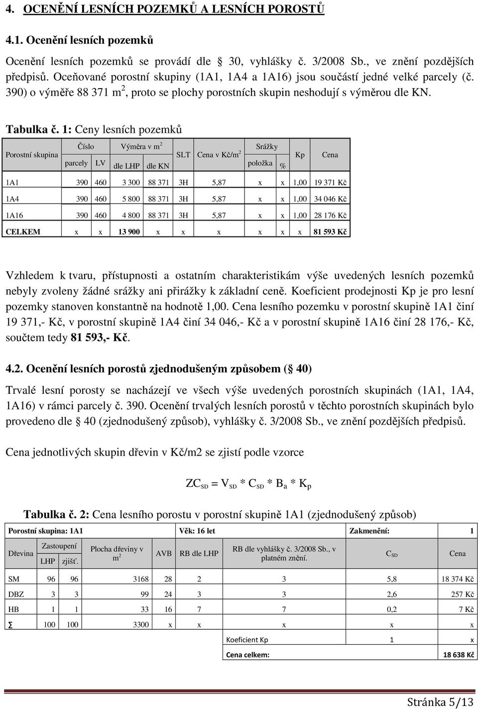 1: Ceny lesních pozemků Číslo Výměra v m 2 Srážky Porostní skupina SLT v Kč/m 2 parcely LV dle LHP dle KN položka % Kp 1A1 390 460 3 300 88 371 3H 5,87 x x 1,00 19 371 Kč 1A4 390 460 5 800 88 371 3H