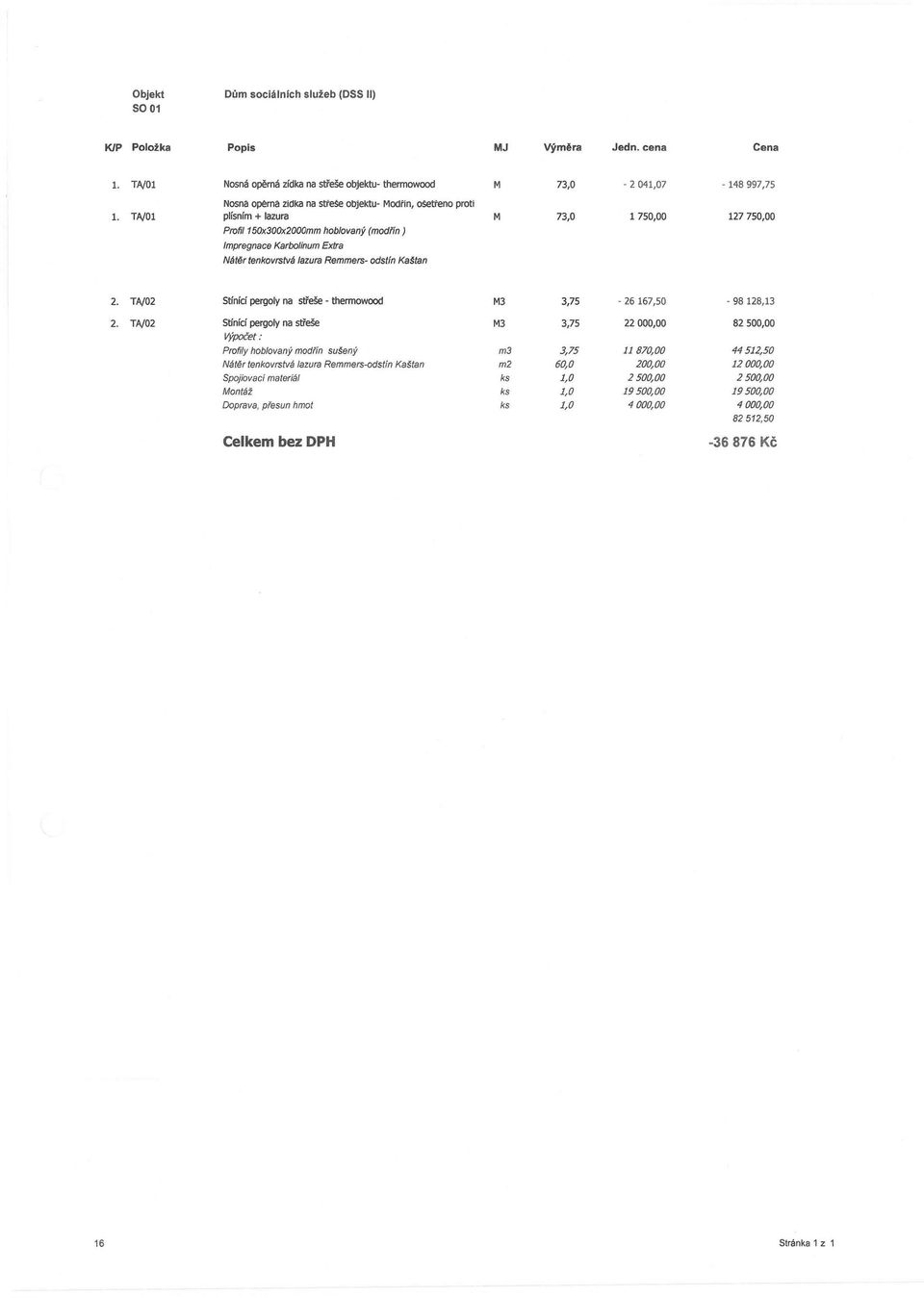 T01 plísním + lazura M 73,0 1750,00 127750,00 Prfil150x300x2000mm hblvaný (mdfín ) Impregnace Karblinum xtra átěr tenkvrstvá lazura Remmers- dstín Kaštan 2.