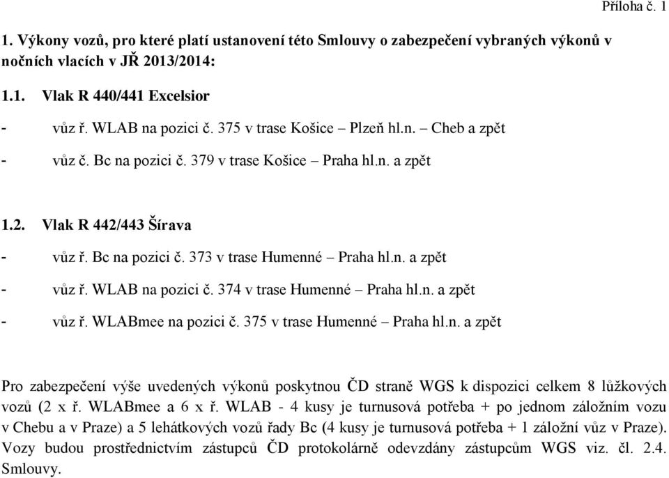 n. a zpět - vůz ř. WLAB na pozici č. 374 v trase Humenné Praha hl.n. a zpět - vůz ř. WLABmee na pozici č. 375 v trase Humenné Praha hl.n. a zpět Pro zabezpečení výše uvedených výkonů poskytnou ČD straně WGS k dispozici celkem 8 lůžkových vozů (2 x ř.