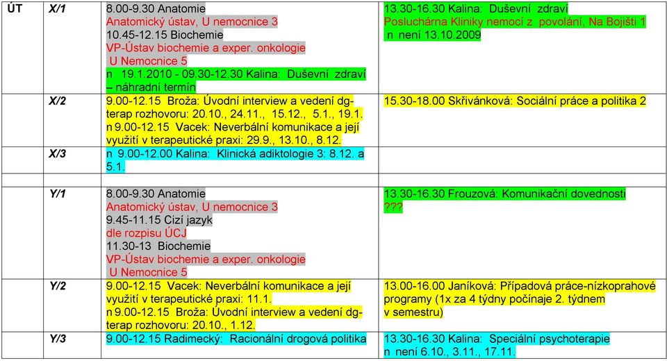 00-12.00 Kalina: Klinická adiktologie 3: 8.12. a 5.1. 13.30-16.30 Kalina: Duševní zdraví Posluchárna Kliniky nemocí z povolání, Na Bojišti 1 není 13.10.2009 15.30-18.