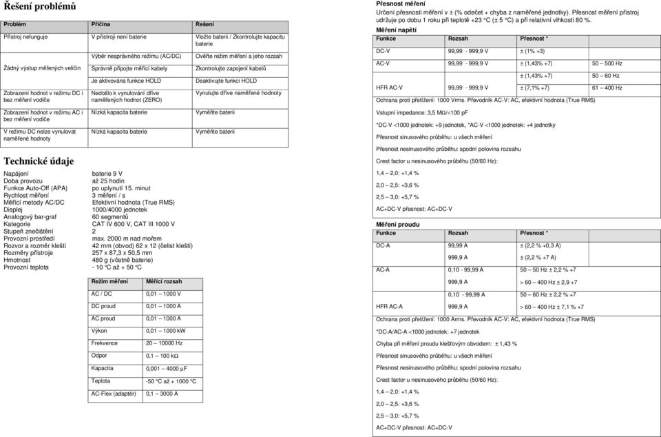 aktivována funkce HOLD Nedošlo k vynulování dříve naměřených hodnot (ZERO) Nízká kapacita baterie Nízká kapacita baterie Napájení baterie 9 V Doba provozu až 25 hodin Funkce Auto-Off (APA) po