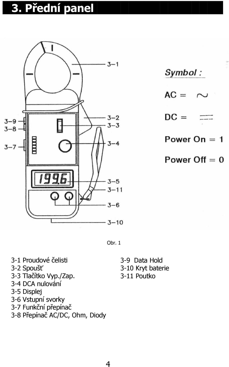 3-4 DCA nulování 3-5 Displej 3-6 Vstupní svorky 3-7