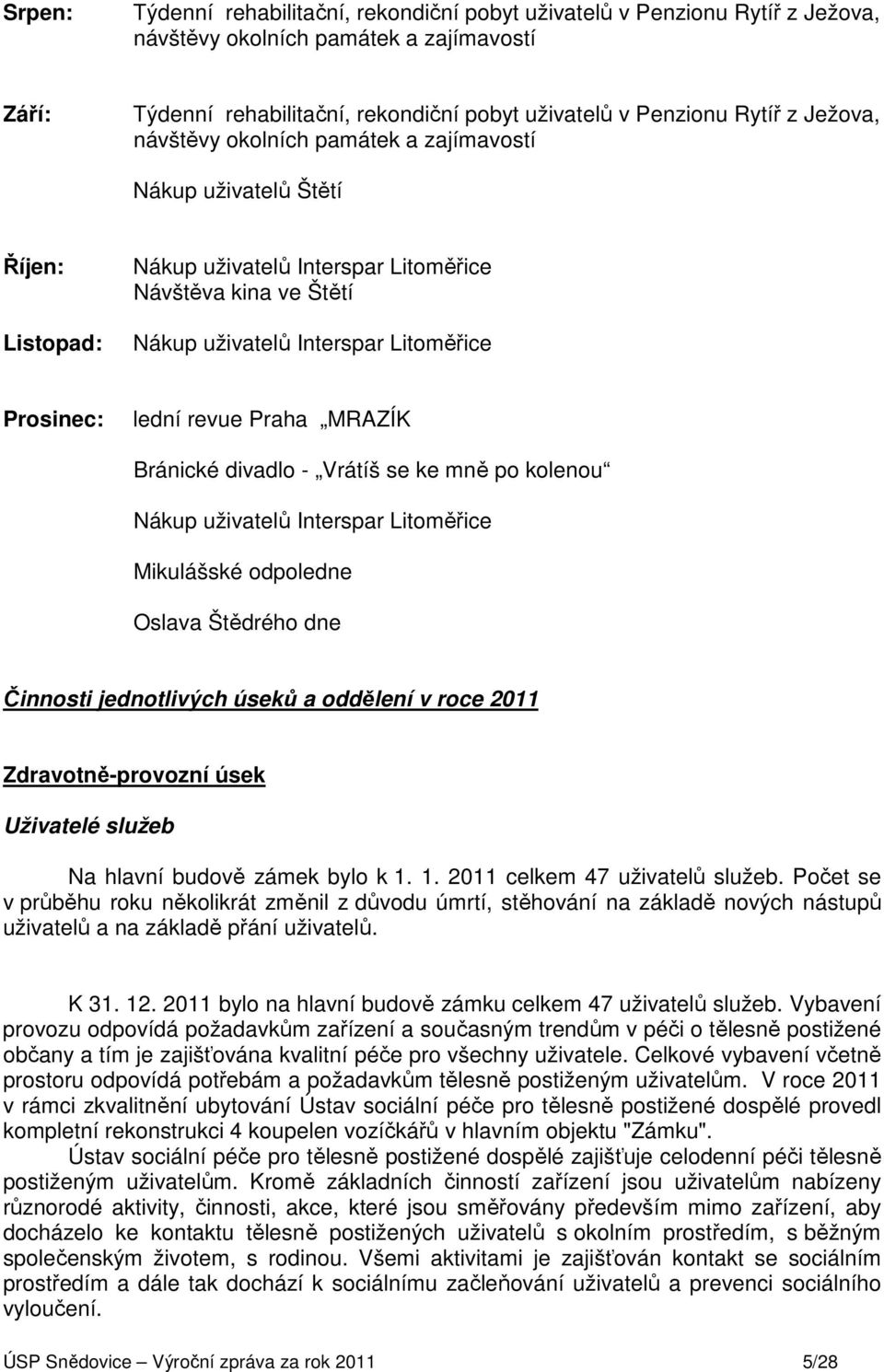 revue Praha MRAZÍK Bránické divadlo - Vrátíš se ke mně po kolenou Nákup uživatelů Interspar Litoměřice Mikulášské odpoledne Oslava Štědrého dne Činnosti jednotlivých úseků a oddělení v roce 2011