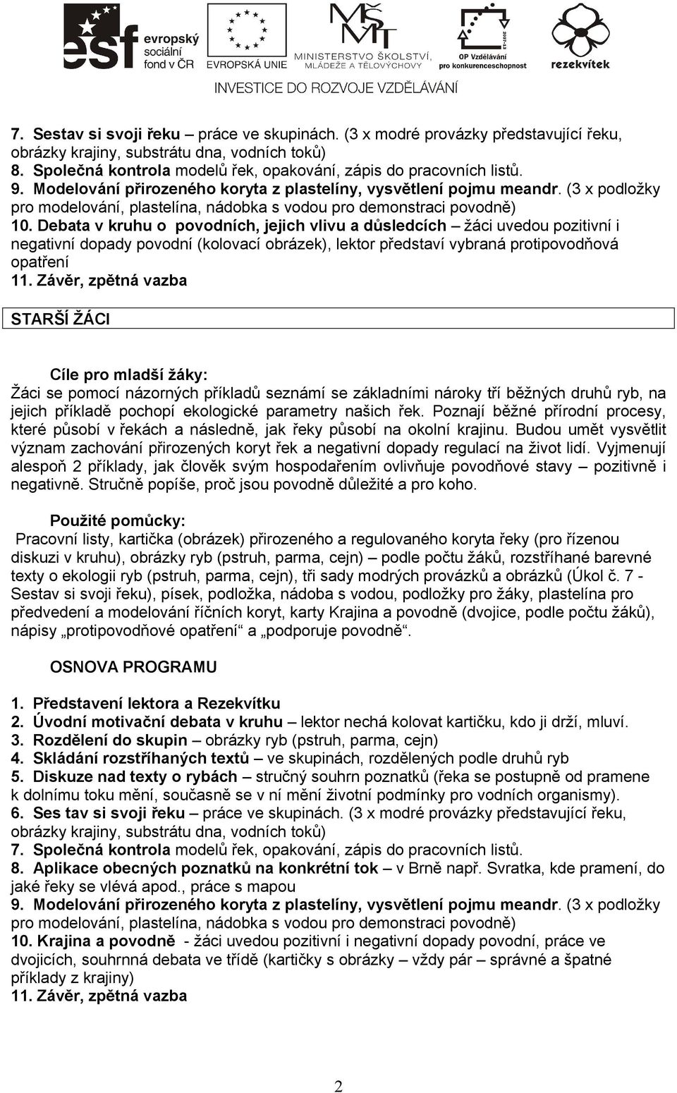 Debata v kruhu o povodních, jejich vlivu a důsledcích žáci uvedou pozitivní i negativní dopady povodní (kolovací obrázek), lektor představí vybraná protipovodňová opatření 11.