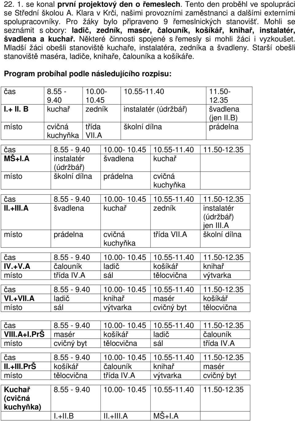 Některé činnosti spojené s řemesly si mohli žáci i vyzkoušet. Mladší žáci obešli stanoviště kuchaře, instalatéra, zedníka a švadleny.