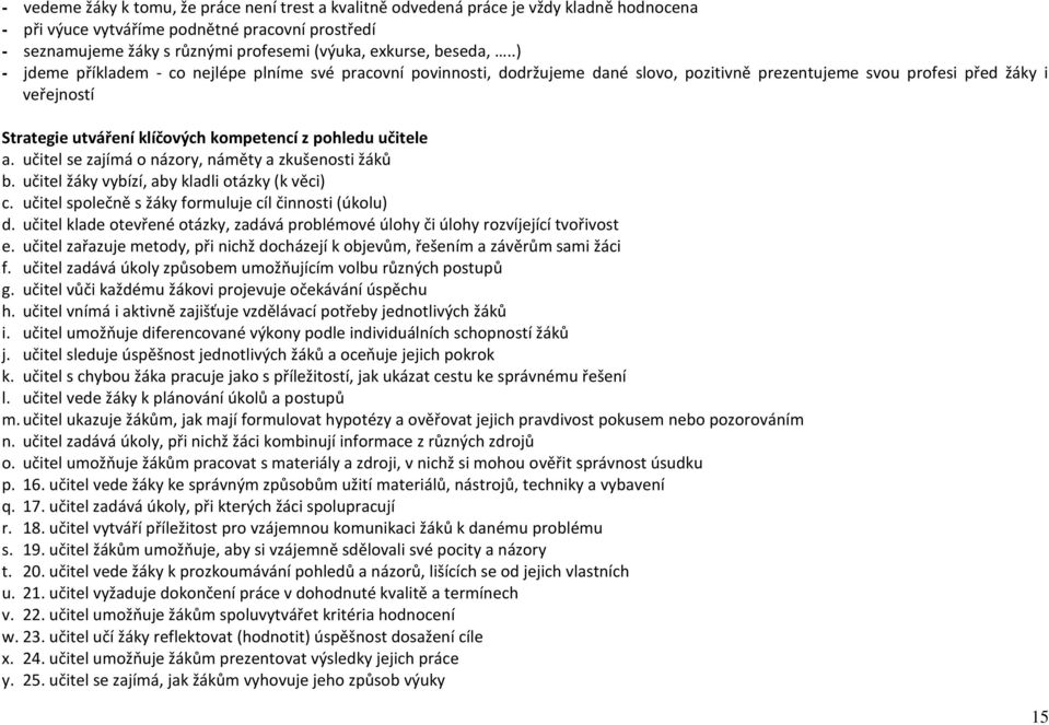 .) - jdeme příkladem - co nejlépe plníme své pracovní povinnosti, dodržujeme dané slovo, pozitivně prezentujeme svou profesi před žáky i veřejností Strategie utváření klíčových kompetencí z pohledu