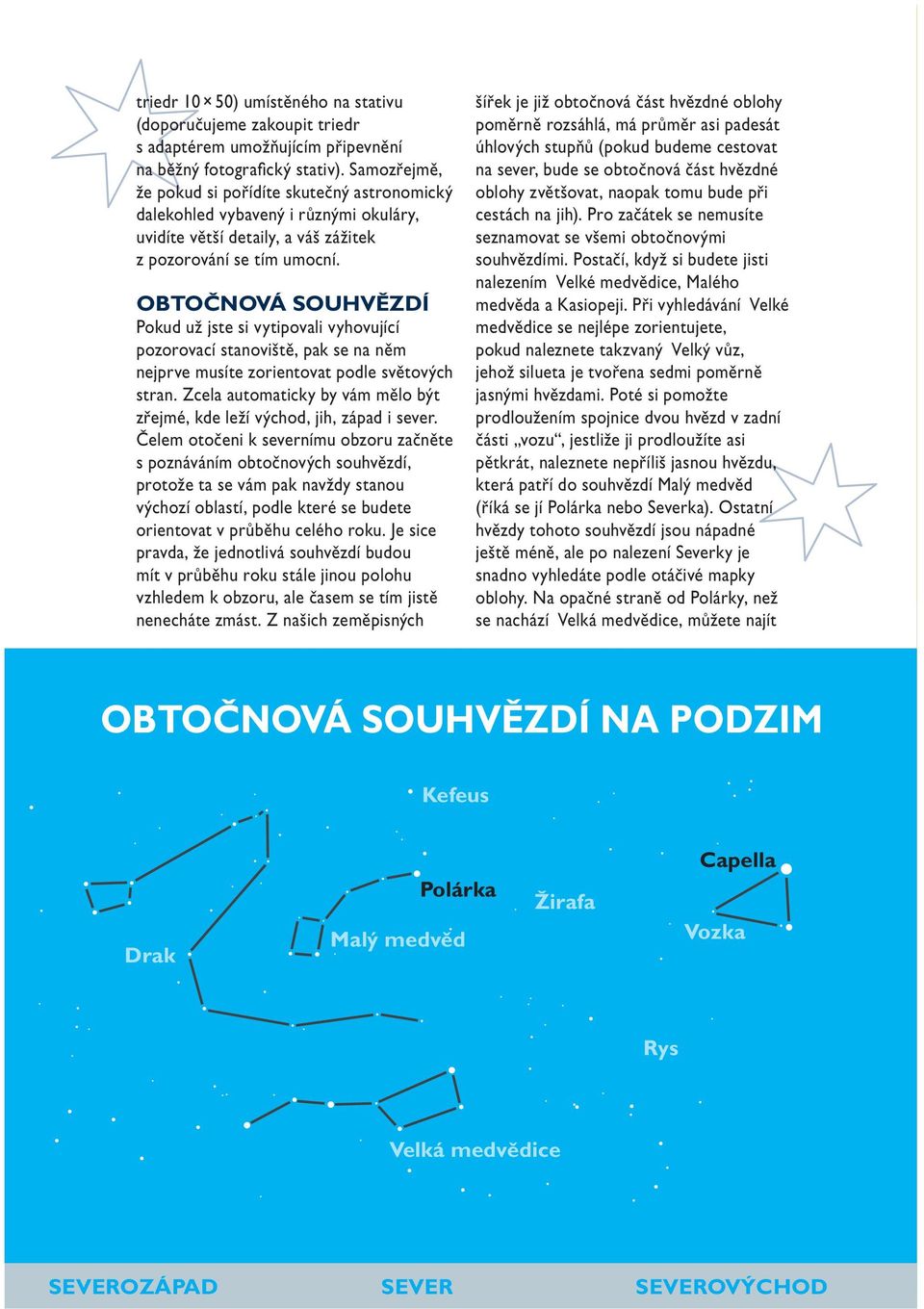 OBTOČNOVÁ SOUHVĚZDÍ Pokud už jste si vytipovali vyhovující pozorovací stanoviště, pak se na něm nejprve musíte zorientovat podle světových stran.