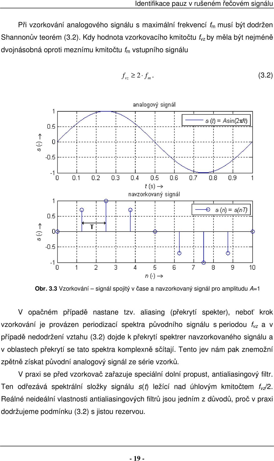 3 Vzorkování signál spojitý v čase a navzorkovaný signál pro amplitudu A=1 V opačném případě nastane tzv.