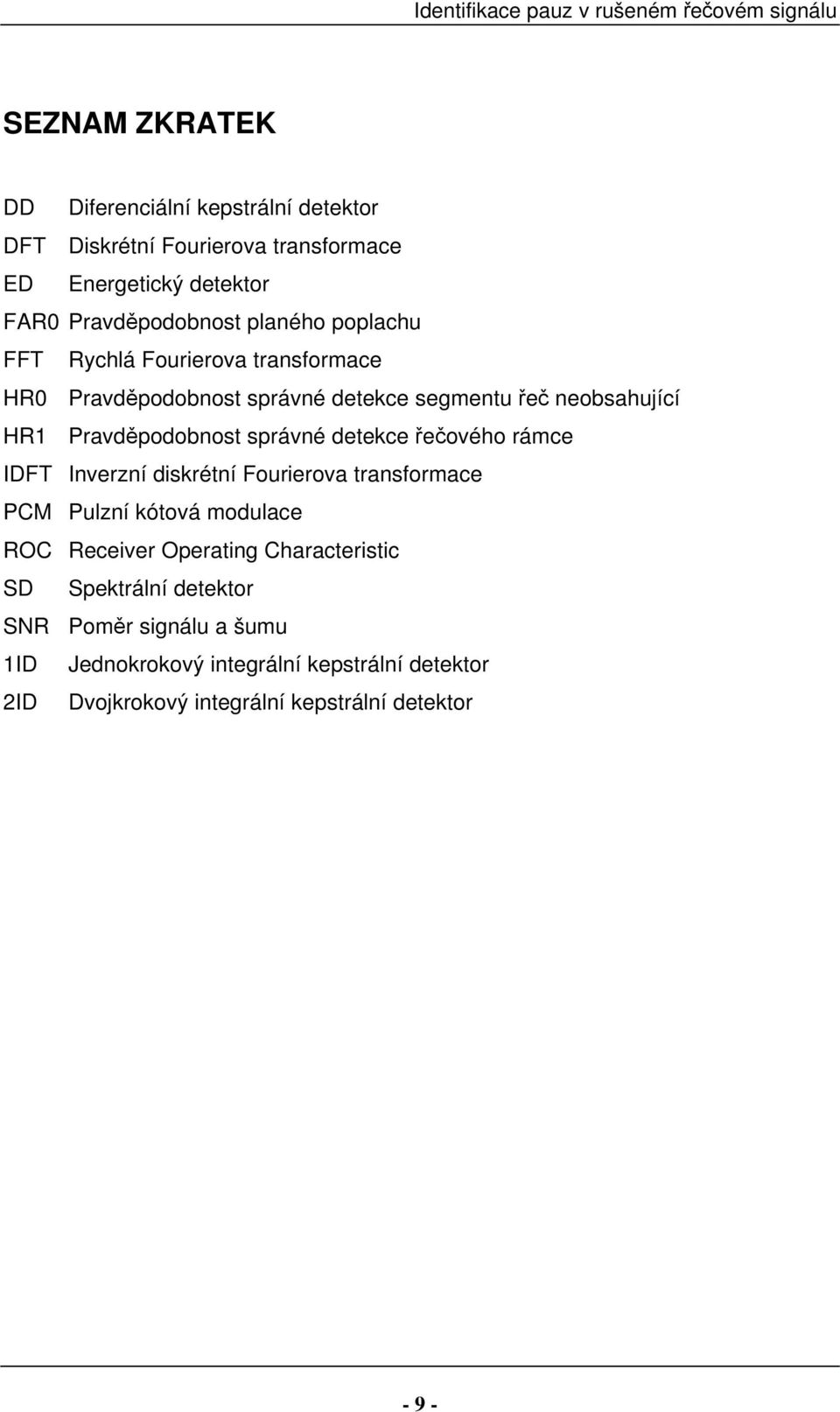 správné detekce řečového rámce IDFT Inverzní diskrétní Fourierova transformace PCM Pulzní kótová modulace ROC Receiver Operating