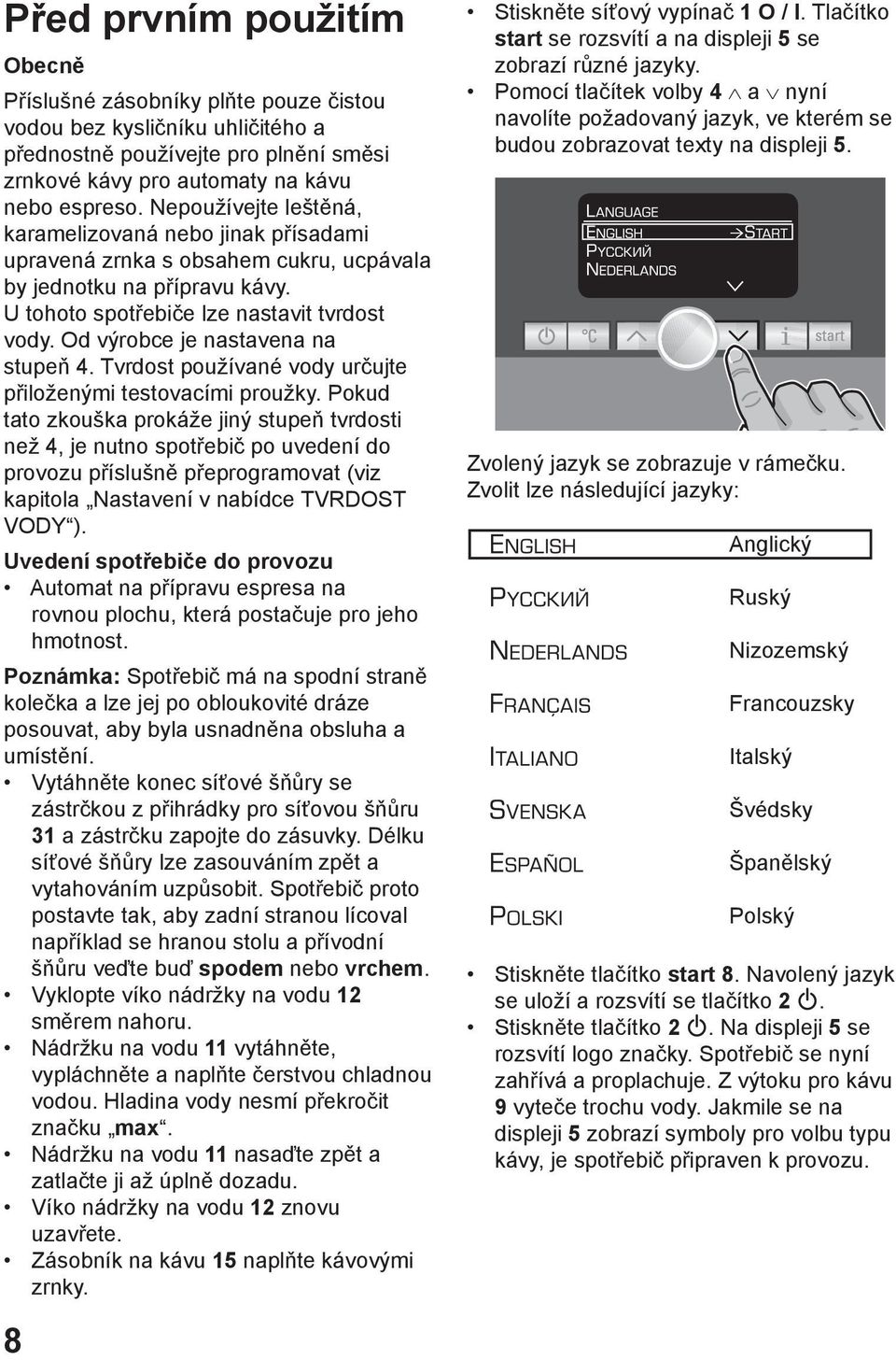 Od výrobce je nastavena na stupeň 4. Tvrdost používané vody určujte přiloženými testovacími proužky.