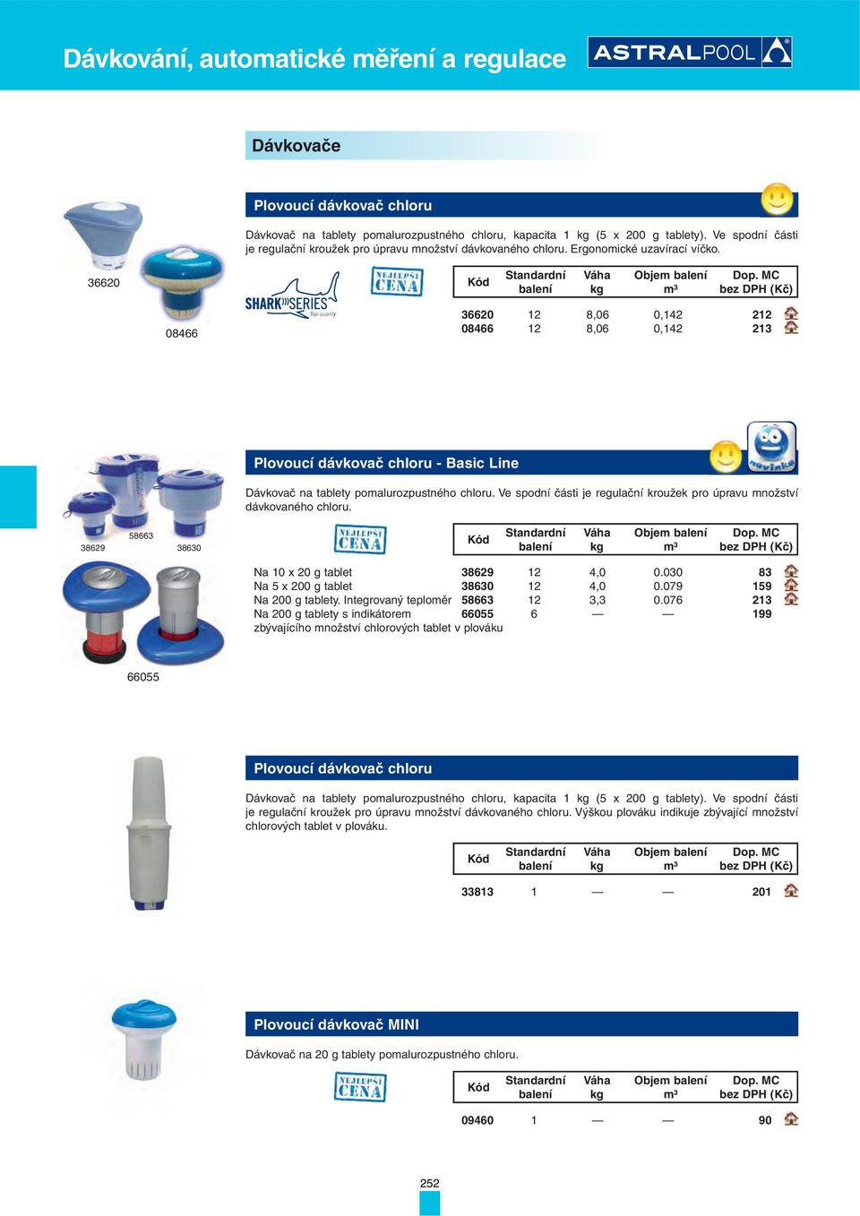 Ve spodní části je regulační kroužek pro úpravu množství dávkovaného chloru. 38629 58663 38630 Objem Na 10 x 20 g tablet 38629 12 4,0 0.030 83 Na 5 x 200 g tablet 38630 12 4,0 0.
