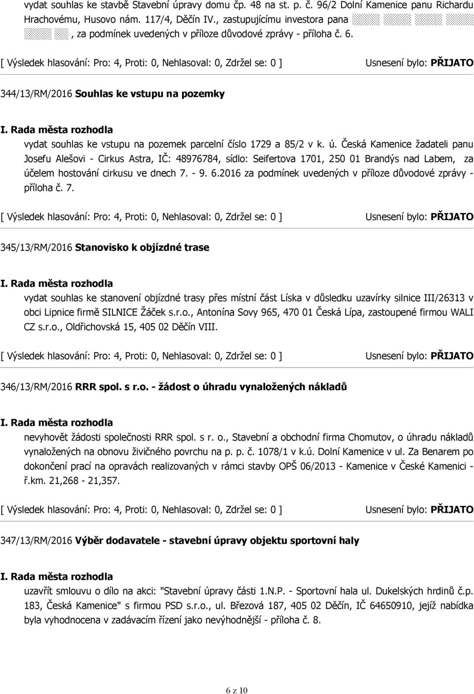 344/13/RM/2016 Souhlas ke vstupu na pozemky vydat souhlas ke vstupu na pozemek parcelní číslo 1729 a 85/2 v k. ú.