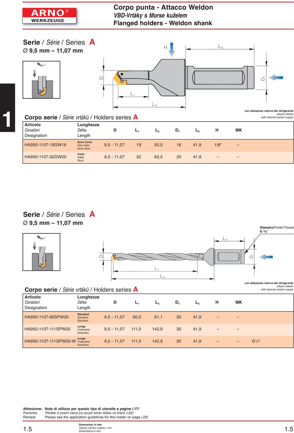 del coolant refrigerante supply chlazení stfiedem with internal coolant supply HA0-17-GW0 Corto Krátké Short, -,07, 0 1, Serie / Série / Series A Ø, mm,07 mm Diametro/PrÛmûr/Thread G 1/ con adduzione