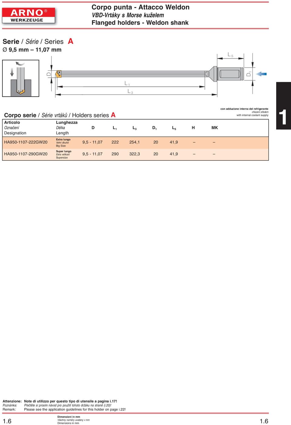 internal del coolant refrigerante supply chlazení stfiedem with internal coolant supply 1 HA0-17-0GW0 Super lungo Extra velikosti Supersize, -,07 0, 0 1, Attenzione: Note di utilizzo per questo tipo