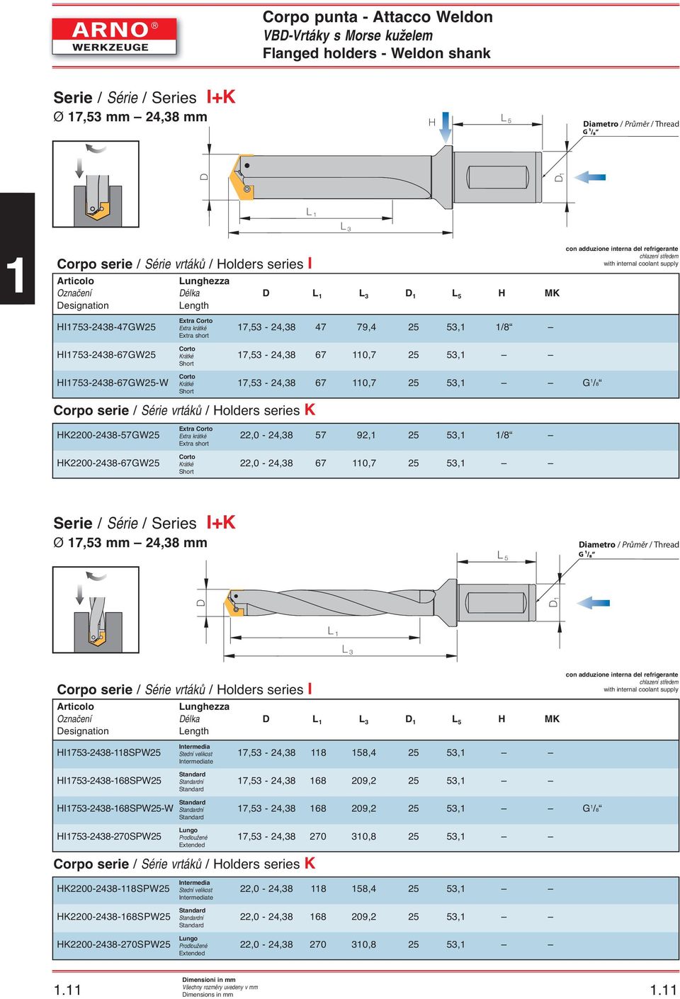 coolant supply HI17--7GW Corto Krátké Short 17, -, 7 1,7,1 HI17--7GW-W Corto Krátké Short 17, -, Corpo serie / Série vrtákû / Holders series K 7 1,7,1 G 1 / HK00--7GW Extra Corto Extra krátké Extra