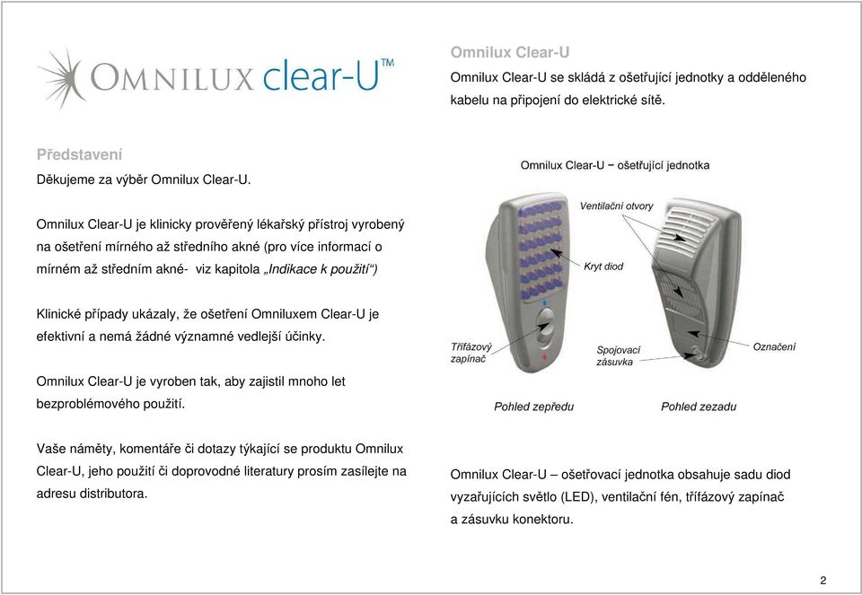 případy ukázaly, že ošetření Omniluxem Clear-U je efektivní a nemá žádné významné vedlejší účinky. Omnilux Clear-U je vyroben tak, aby zajistil mnoho let bezproblémového použití.