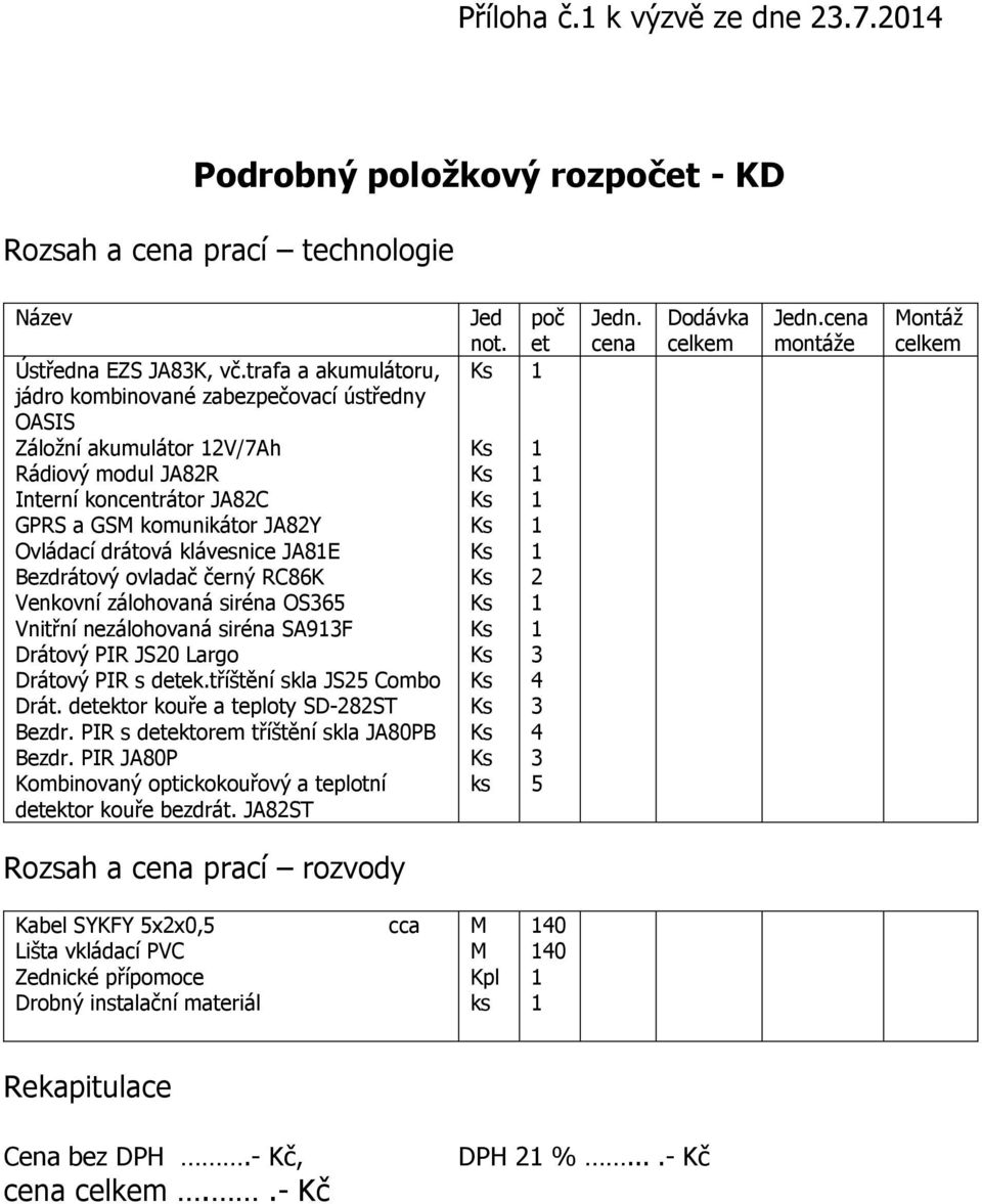 Bezdrátový ovladač černý RC86K Venkovní zálohovaná siréna OS6 Vnitřní nezálohovaná siréna SA9F Drátový PIR JS0 Largo Drátový PIR s detek.tříštění skla JS Combo Drát.