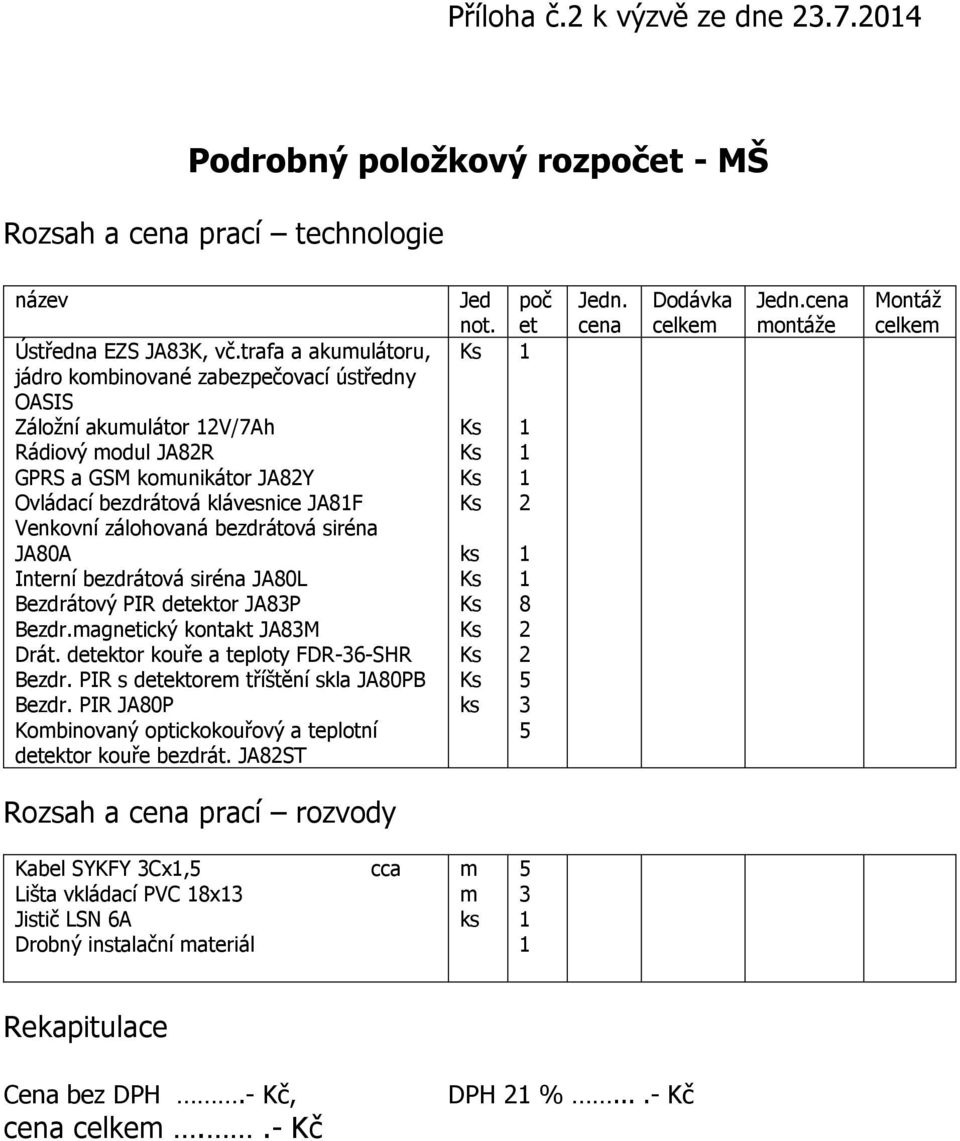 bezdrátová siréna JA80A Interní bezdrátová siréna JA80L Bezdrátový PIR detektor JA8P Bezdr.magnetický kontakt JA8M Drát. detektor kouře a teploty FDR-6-SHR Bezdr.