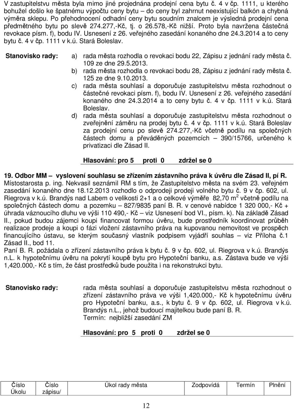 Usnesení z 26. veejného zasedání konaného dne 24.3.2014 a to ceny bytu. 4 v p. 1111 v k.ú. Stará Boleslav. d) rada msta rozhodla o revokaci bodu 22, Zápisu z jednání rady msta. 109 ze dne 29.5.2013.
