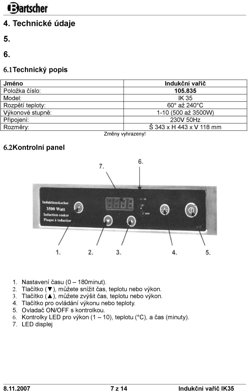 vyhrazeny! 6.2Kntrlní panel 1. Nastavení času (0 180minut). 2. Tlačítk ( ), můžete snížit čas, tepltu neb výkn. 3.