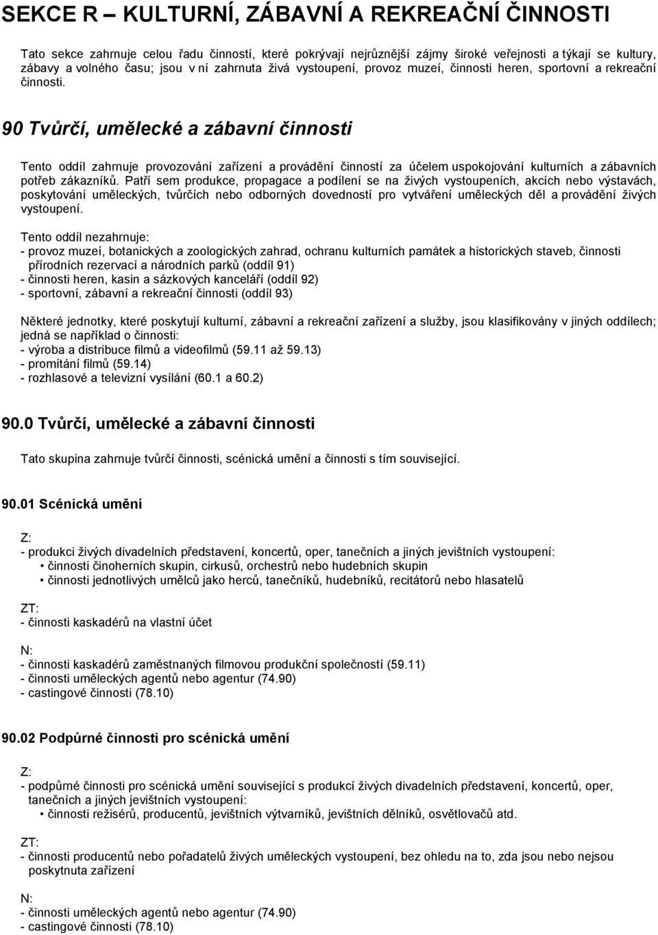 90 Tvůrčí, umělecké a zábavní činnosti Tento oddíl zahrnuje provozování zařízení a provádění činností za účelem uspokojování kulturních a zábavních potřeb zákazníků.