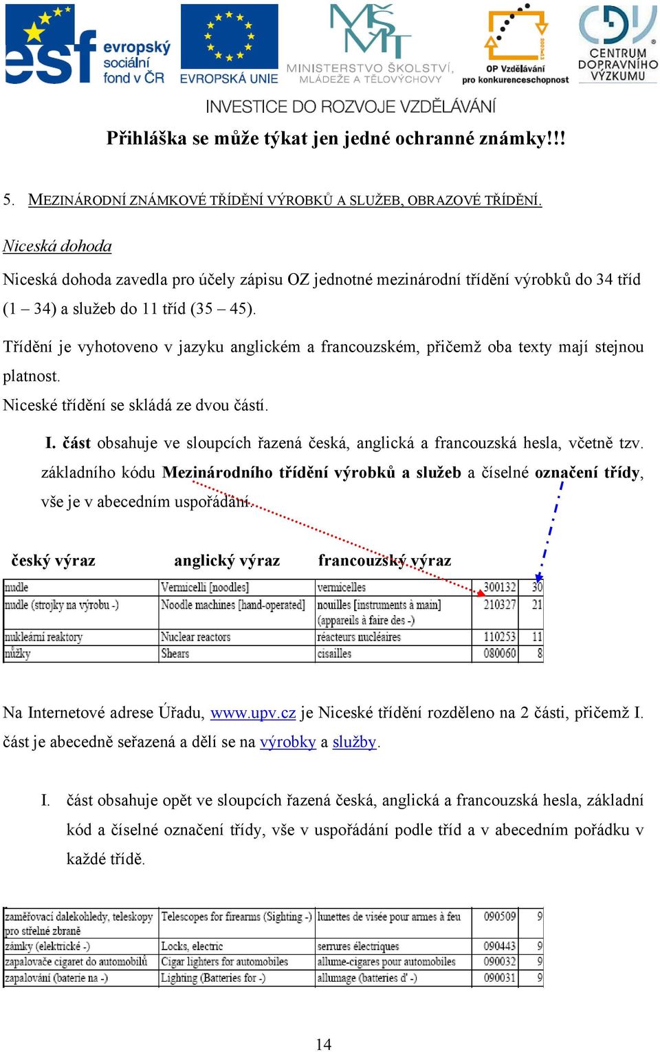 Třídění je vyhotoveno v jazyku anglickém a francouzském, přičemž oba texty mají stejnou platnost. Niceské třídění se skládá ze dvou částí. I.