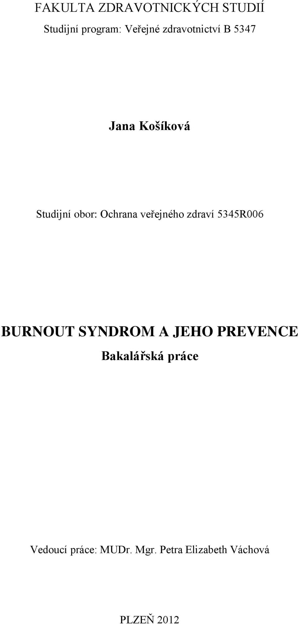 veřejného zdraví 5345R006 BURNOUT SYNDROM A JEHO PREVENCE