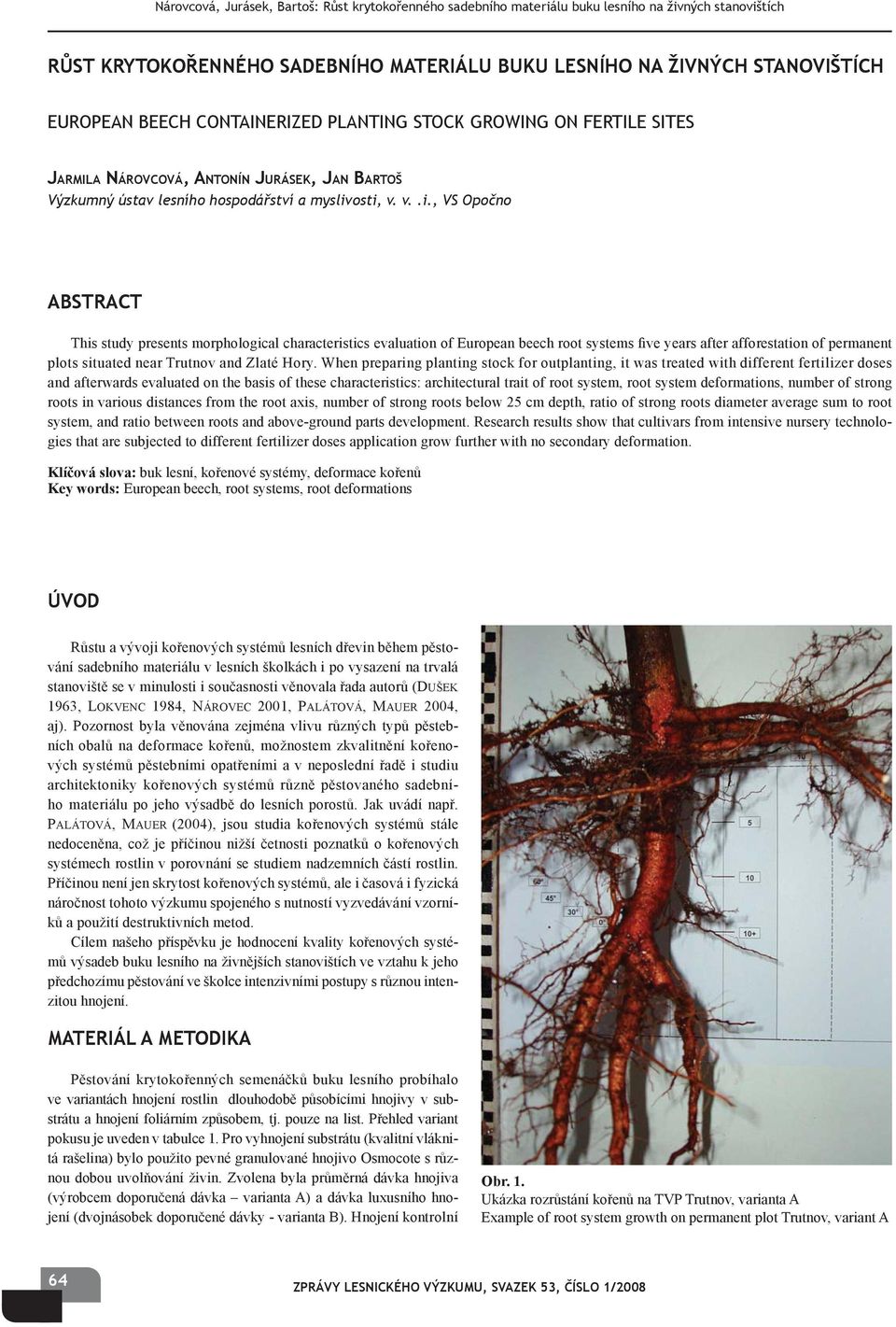 osti, v. v..i., VS Opočno ABSTRACT This study presents morphological characteristics evaluation of European beech root systems five years after afforestation of permanent plots situated near Trutnov