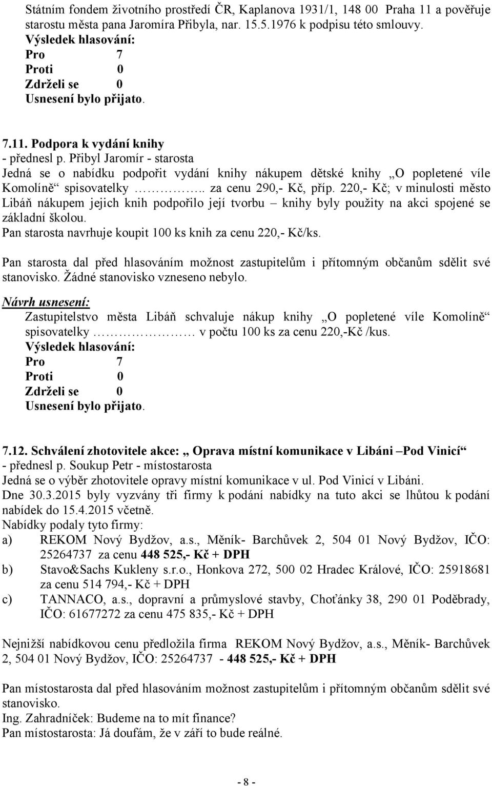 220,- Kč; v minulosti město Libáň nákupem jejich knih podpořilo její tvorbu knihy byly použity na akci spojené se základní školou. Pan starosta navrhuje koupit 100 ks knih za cenu 220,- Kč/ks.