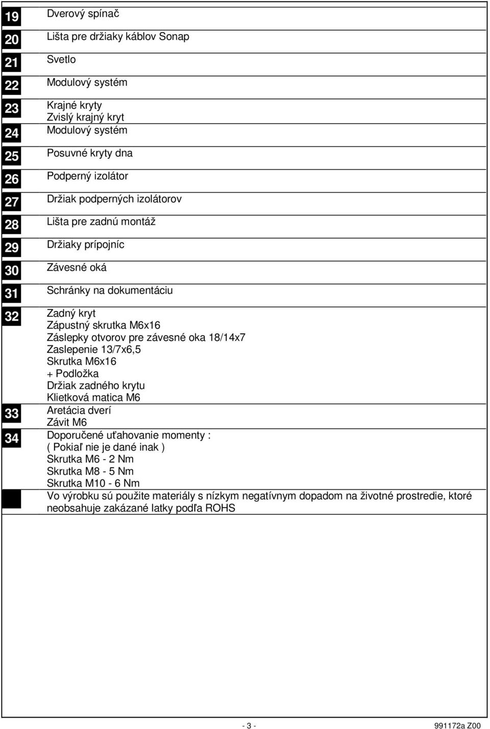 oka 18/14x7 Zaslepenie 13/7x6,5 Skrutka M6x16 + Podložka Držiak zadného krytu Klietková matica M6 33 Aretácia dverí Závit M6 34 Doporučené uťahovanie momenty : ( Pokiaľ nie je dané inak