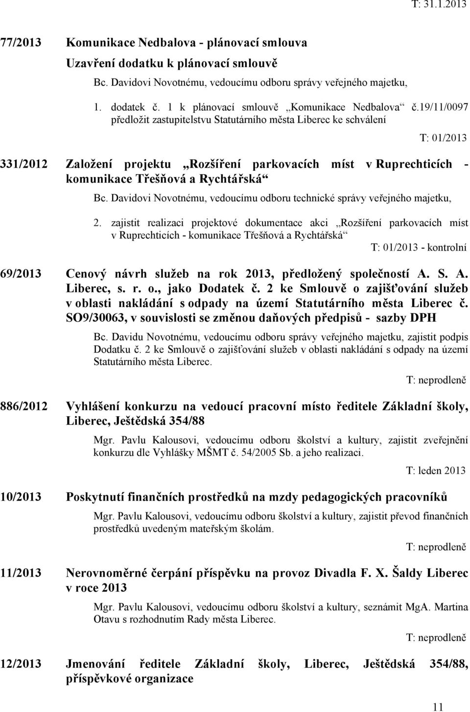 19/11/0097 předložit zastupitelstvu Statutárního města Liberec ke schválení T: 01/2013 331/2012 Založení projektu Rozšíření parkovacích míst v Ruprechticích - komunikace Třešňová a Rychtářská Bc.