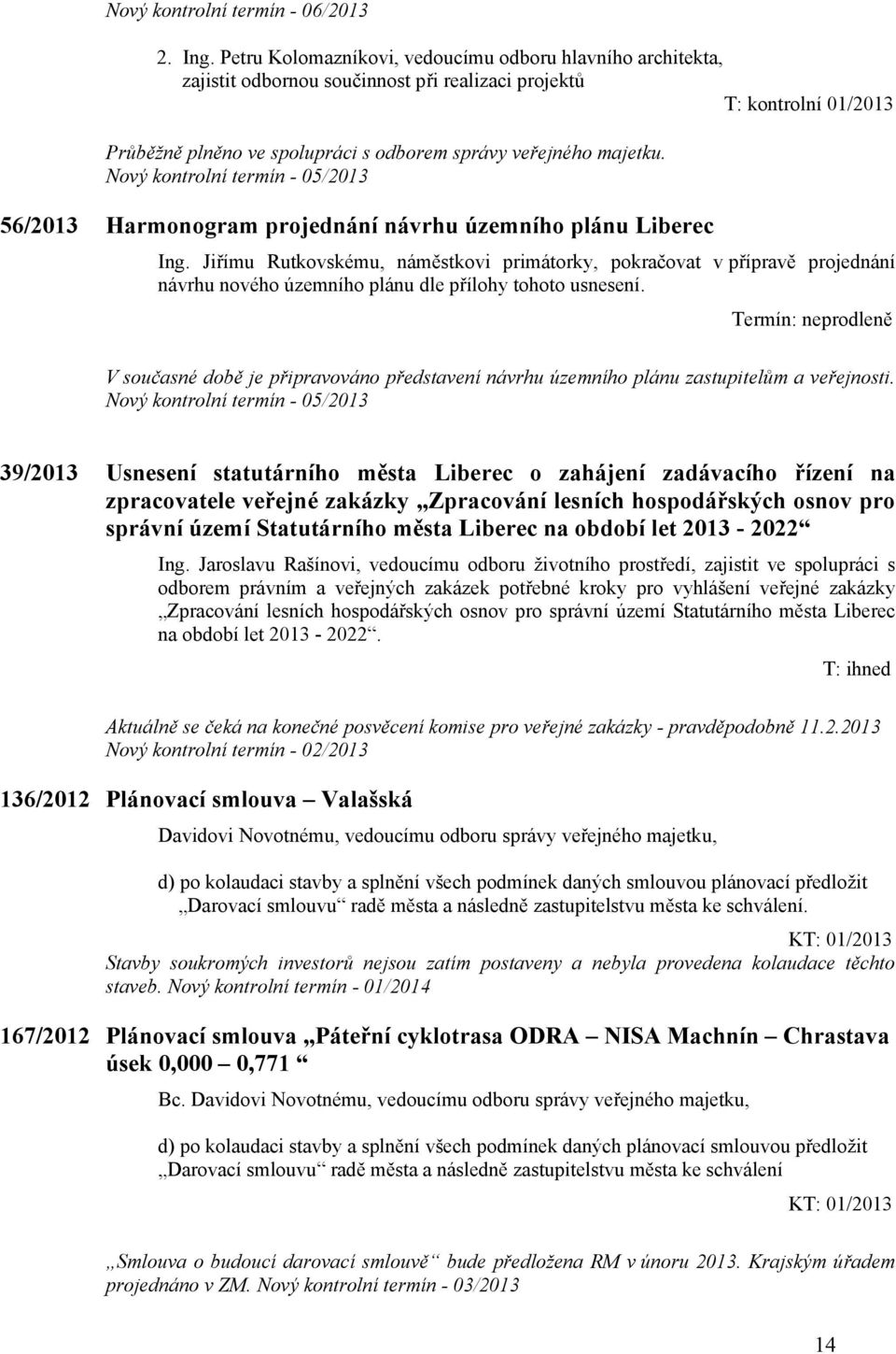 Nový kontrolní termín - 05/2013 56/2013 Harmonogram projednání návrhu územního plánu Liberec Ing.