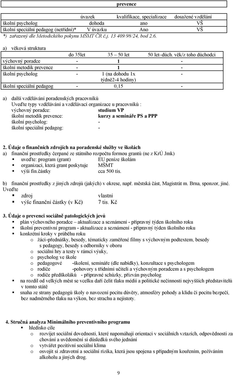 věk/z toho důchodci výchovný poradce - 1 - školní metodik prevence - 1 - školní psycholog - 1 (na dohodu 1x - týdně2-4 hodiny) školní speciální pedagog - 0,15 - a) další vzdělávání poradenských