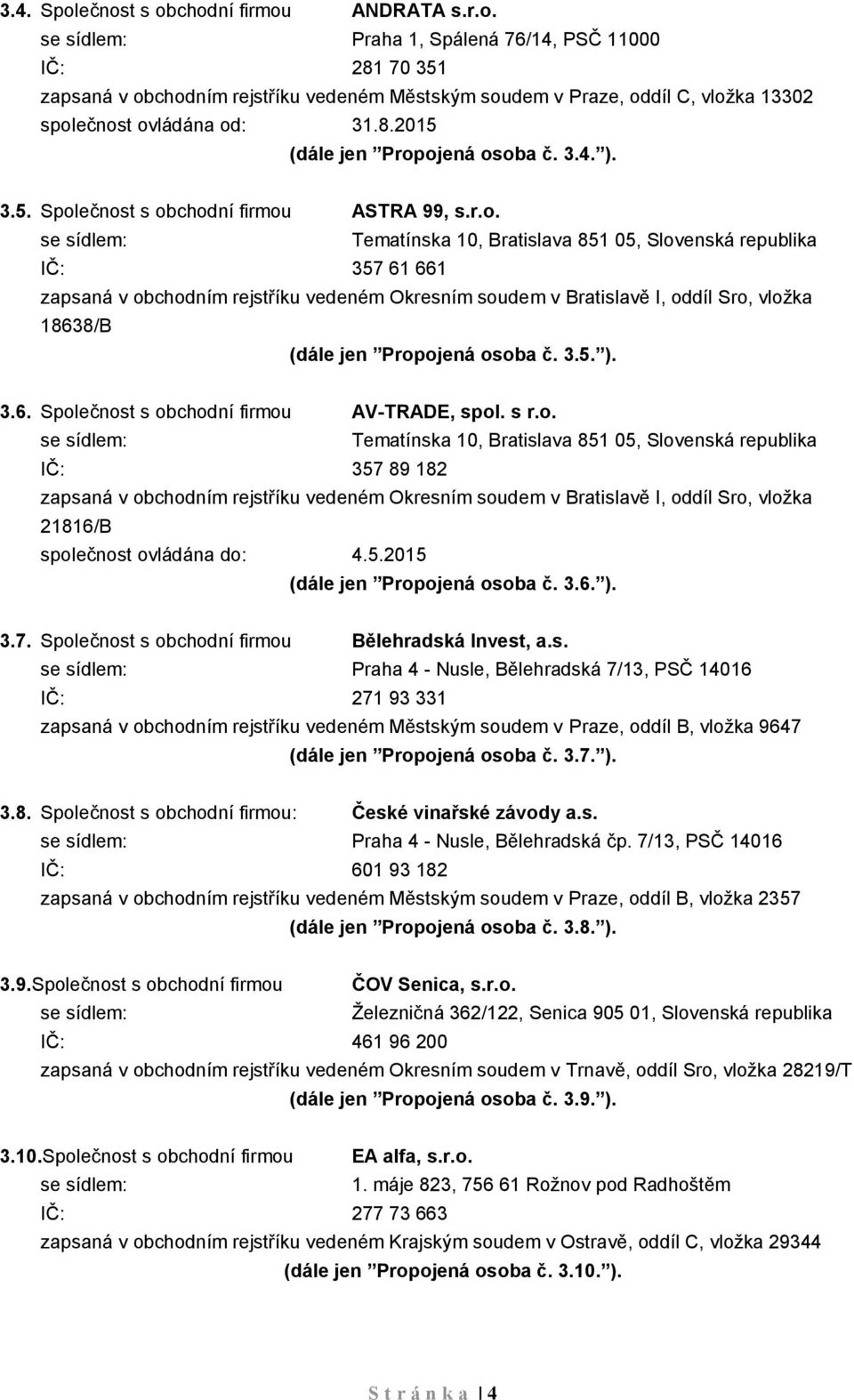 ojená osoba č. 3.4. ). 3.5. Společnost s obchodní firmou ASTRA 99, s.r.o. Tematínska 10, Bratislava 851 05, Slovenská republika IČ: 357 61 661 zapsaná v obchodním rejstříku vedeném Okresním soudem v Bratislavě I, oddíl Sro, vložka 18638/B (dále jen Propojená osoba č.