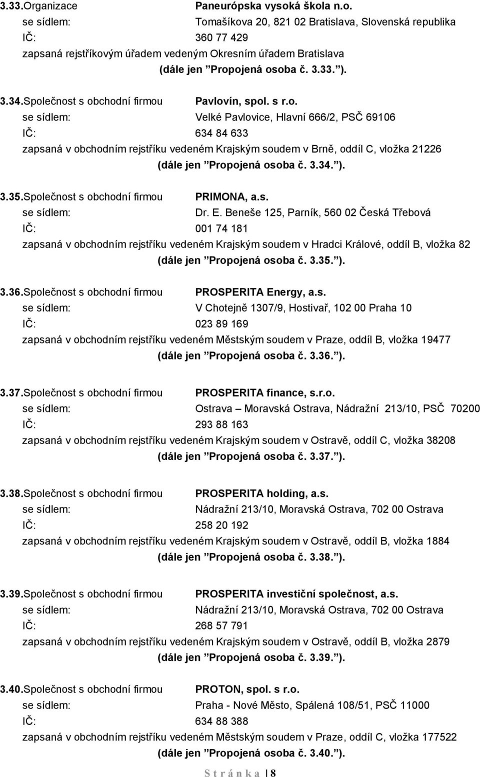 3.34. ). 3.35.Společnost s obchodní firmou PRIMONA, a.s. Dr. E.