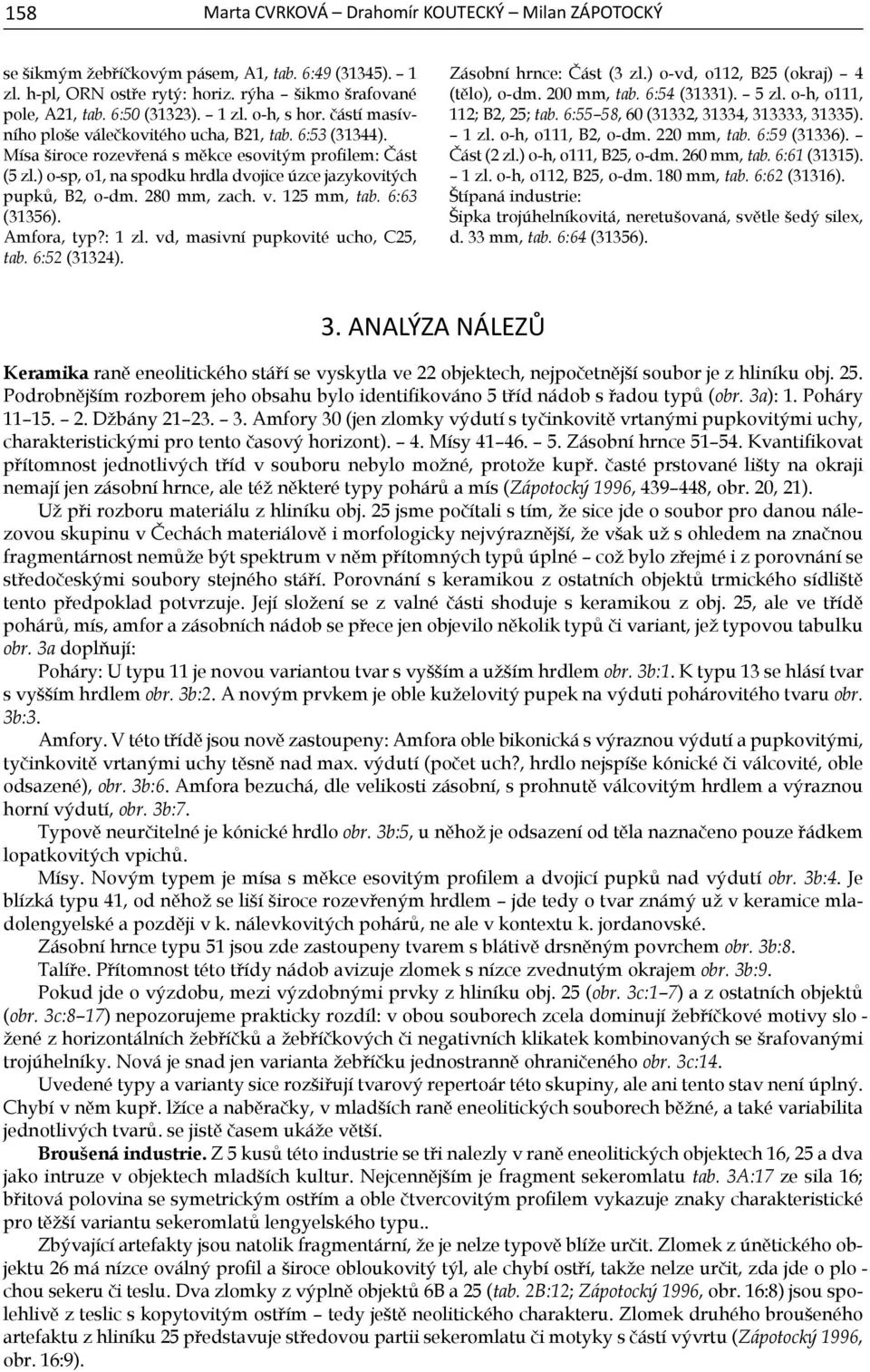 280 mm, zach. v. 125 mm, tab. 6:63 (31356). Amfora, typ?: 1 zl. vd, masivní pupkovité ucho, C25, tab. 6:52 (31324). Zásobní hrnce: Část (3 zl.) o-vd, o112, B25 (okraj) 4 (tělo), o-dm. 200 mm, tab.