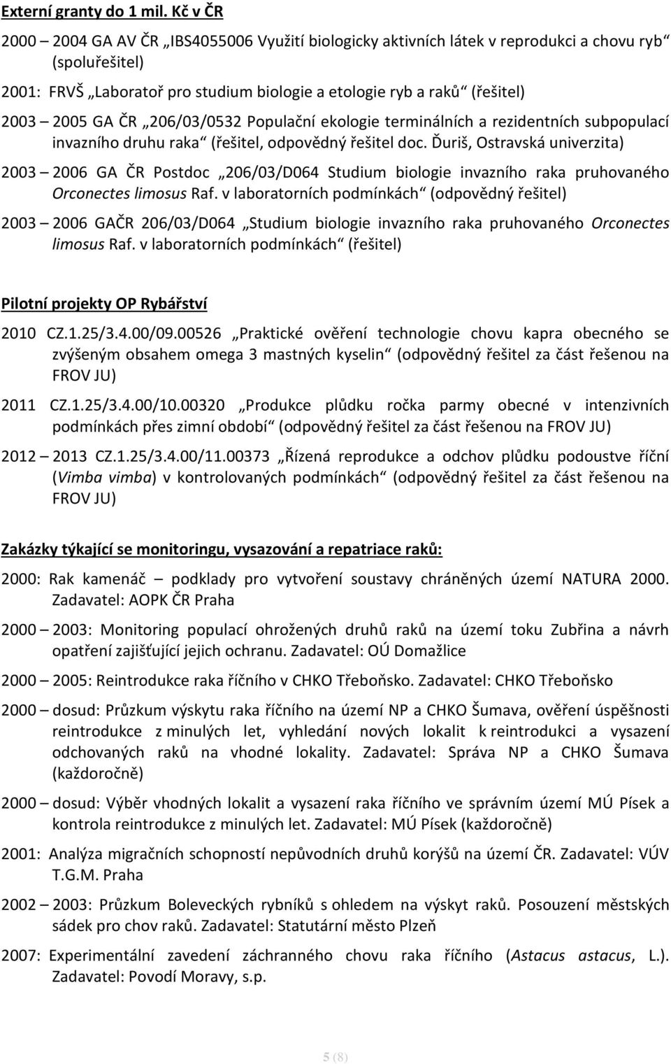 ČR 206/03/0532 Populační ekologie terminálních a rezidentních subpopulací invazního druhu raka (řešitel, odpovědný řešitel doc.
