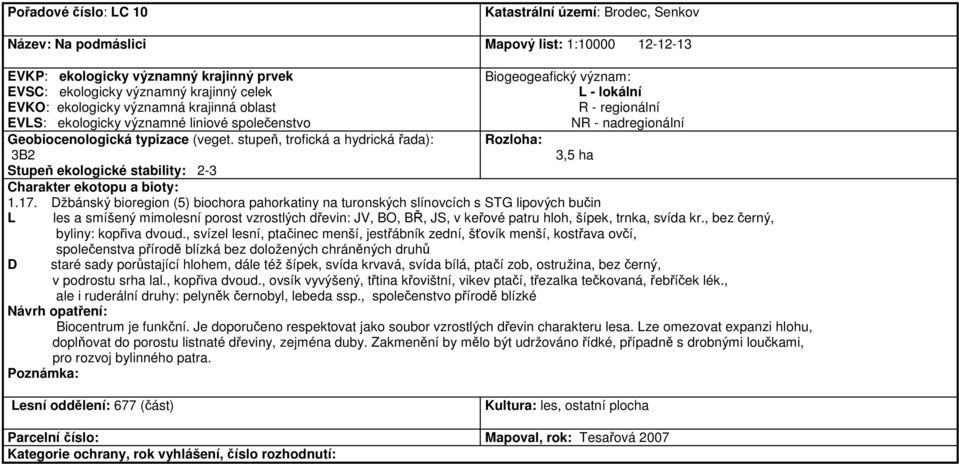 stupeň, trofická a hydrická řada): 3B2 Biogeogeafický význam: L - lokální R - regionální NR - nadregionální Rozloha: 3,5 ha Stupeň ekologické stability: 2-3 Charakter ekotopu a bioty: 1.17.