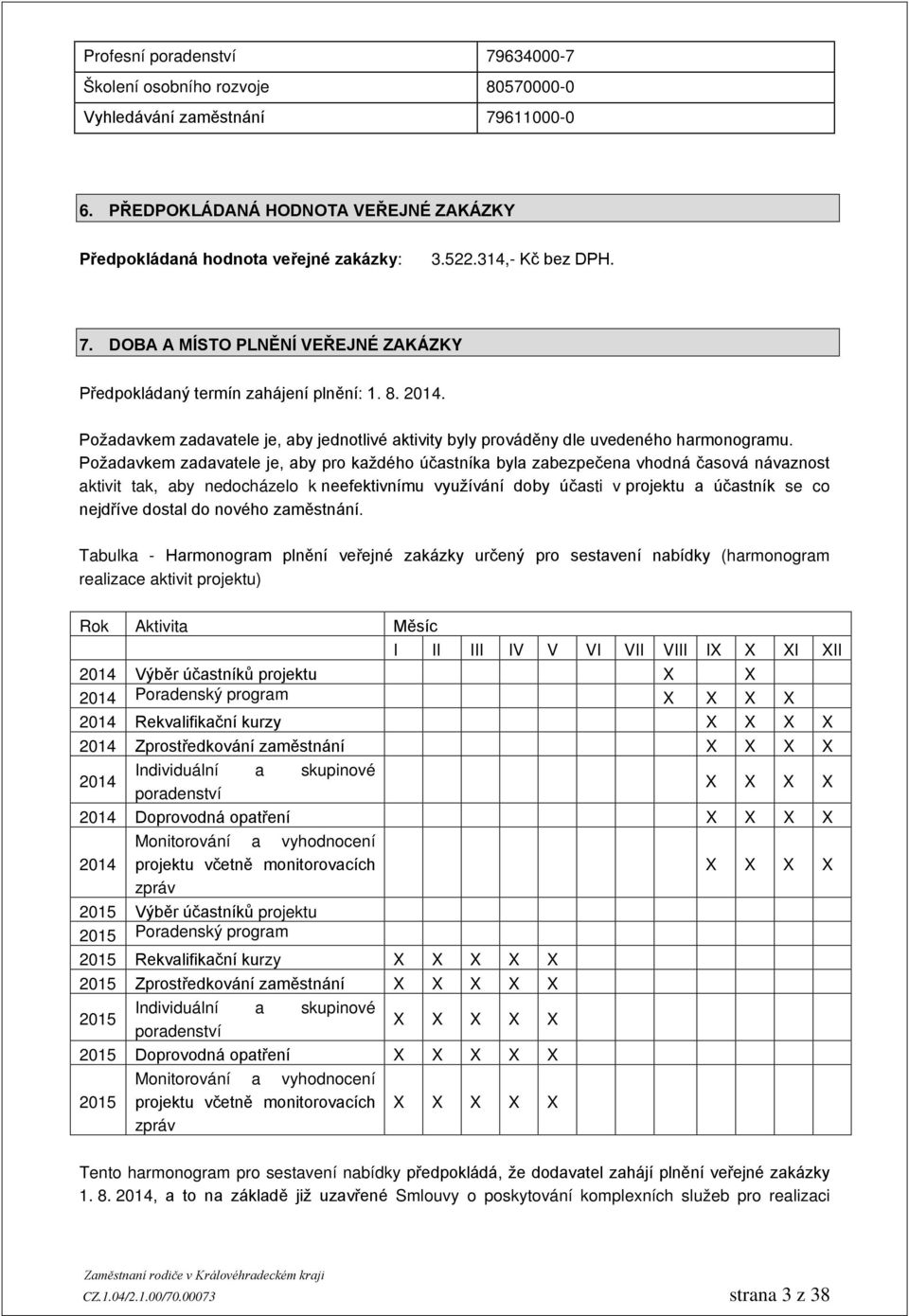 Požadavkem zadavatele je, aby pro každého účastníka byla zabezpečena vhodná časová návaznost aktivit tak, aby nedocházelo k neefektivnímu využívání doby účasti v projektu a účastník se co nejdříve