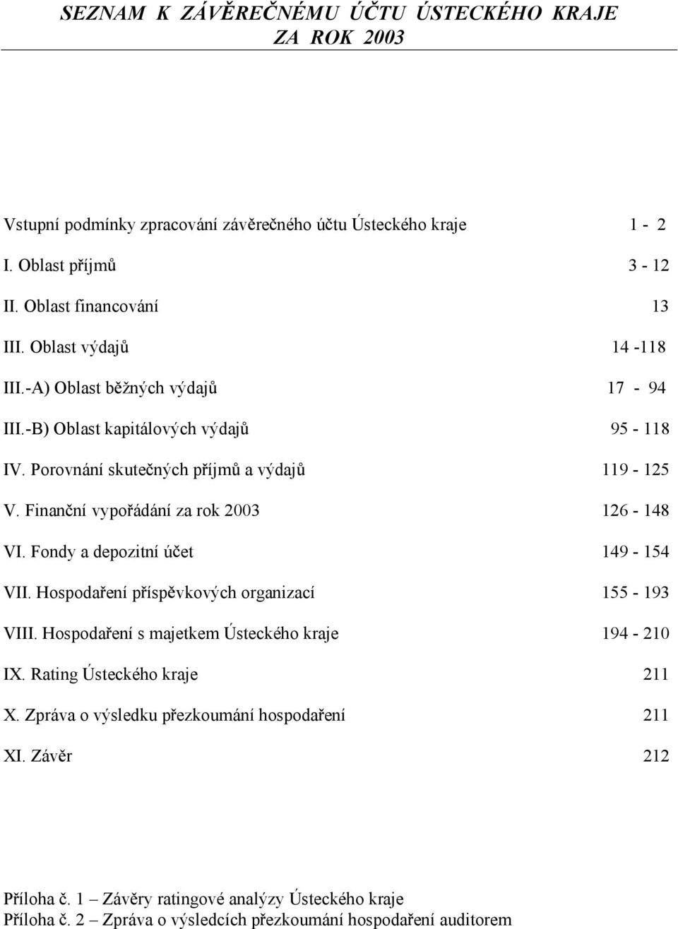 Finan ní vypo ádání za rok 2003 126-148 VI. Fondy a depozitní ú et 149-154 VII. Hospoda ení p ísp vkových organizací 155-193 VIII.