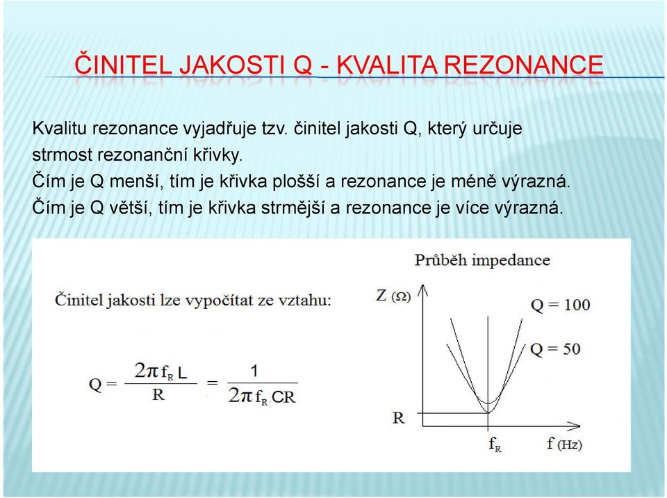 Čím je Q menší, tím je křivka plošší a rezonance je méně výrazná.