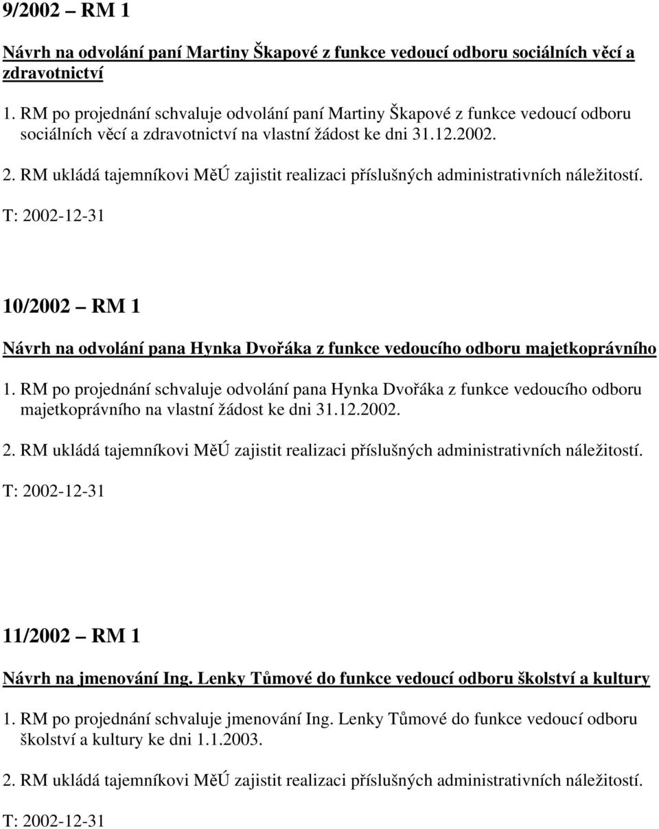 RM ukládá tajemníkovi MěÚ zajistit realizaci příslušných administrativních náležitostí. T: 2002-12-31 10/2002 RM 1 Návrh na odvolání pana Hynka Dvořáka z funkce vedoucího odboru majetkoprávního 1.