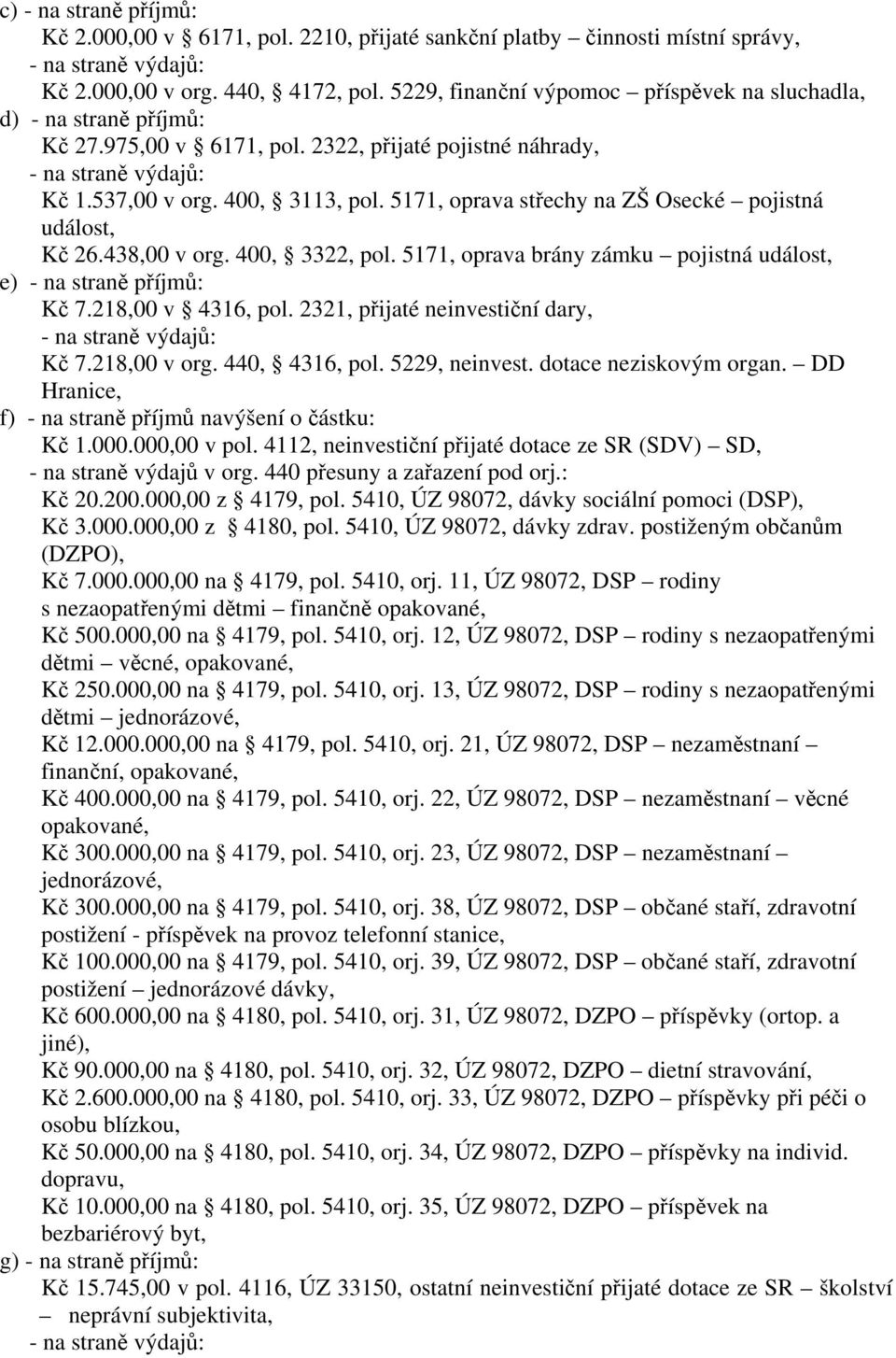 5171, oprava střechy na ZŠ Osecké pojistná událost, Kč 26.438,00 v org. 400, 3322, pol. 5171, oprava brány zámku pojistná událost, e) - na straně příjmů: Kč 7.218,00 v 4316, pol.